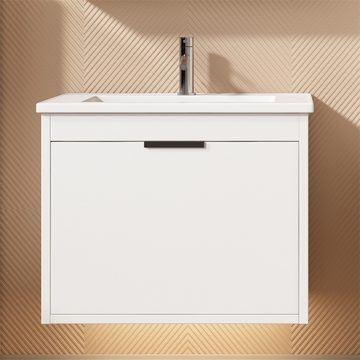 Sweiko Badezimmerspiegelschrank mit Schubladen,mit Keramikwaschbecken, Hängend 60cm Breit,Design,Weiß