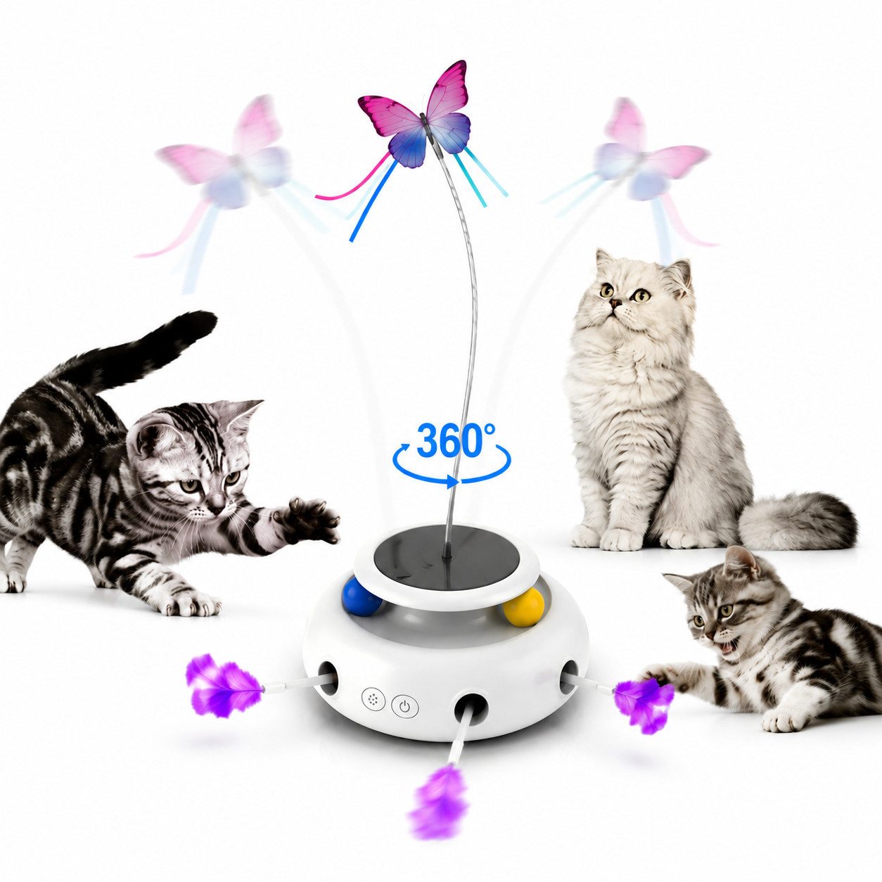 ibettertec Tier-Intelligenzspielzeug Katzenspielzeug,Elektrisch Automatischer Spielzeug Drei-in-Eins, Set (7-tlg),3 Modi,Whack-A-Mole,Fluttering Butterfly,Kugelbahn-Spiel Berührungsaktivierung,USB wiederaufladbar,weiß,Geschenkset