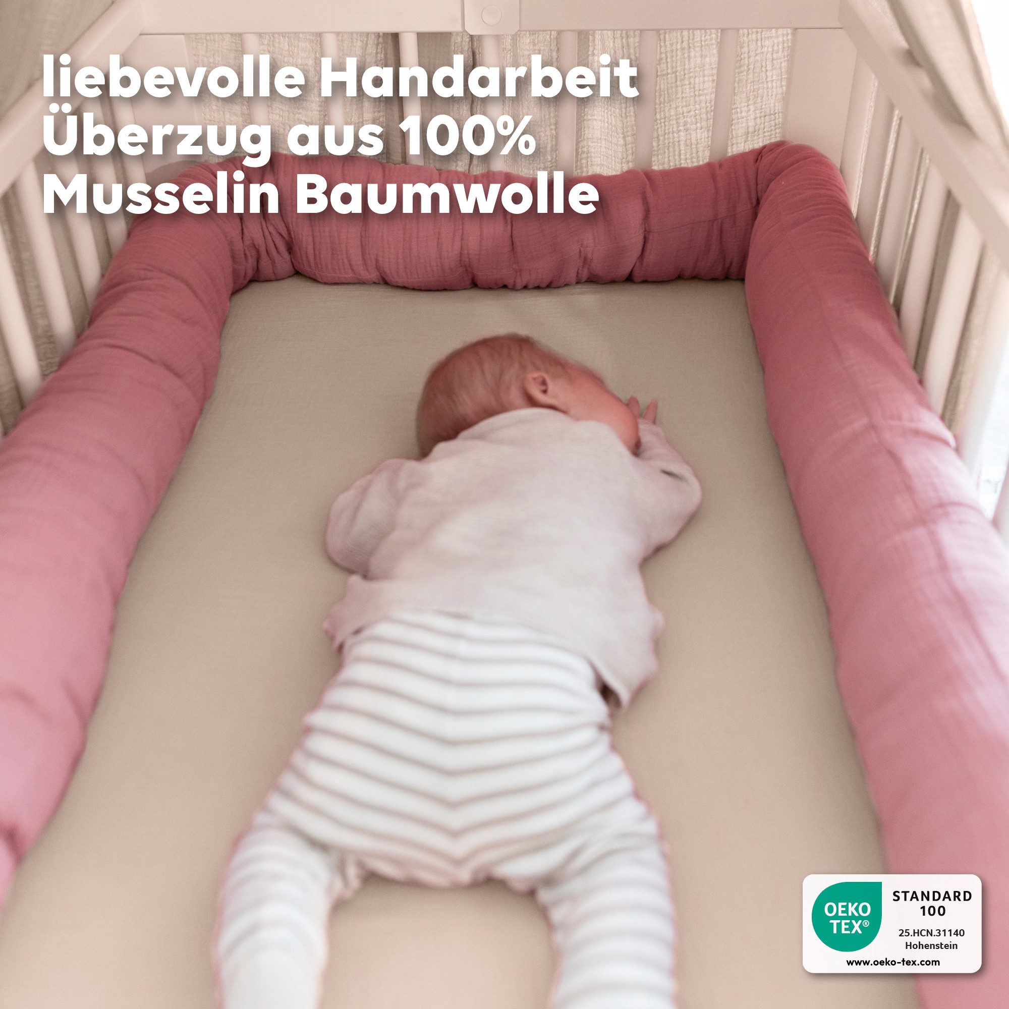 lilimaus Nestchenschlange Bettschlange für Babybett aus Musselin - 200, 300 & 400 cm, (1-tlg), Randschutz & Kuschelrolle mit Befestigungs-Schlaufen - Ø ca. 10-12 cm