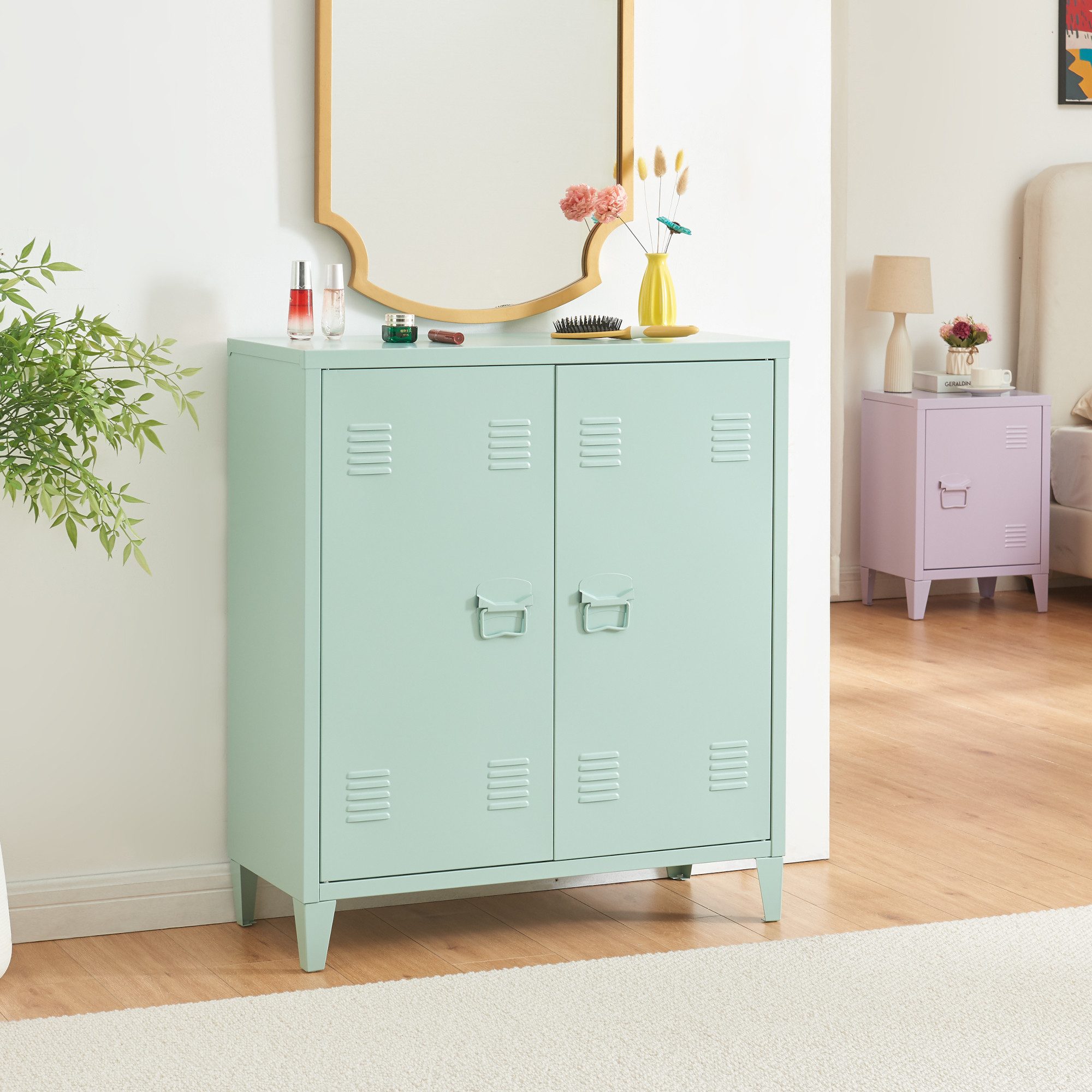 en.casa Aktenschrank »Oripää« mit 2 Türen Stahl 90x80x33 cm Pastellgrün günstig online kaufen