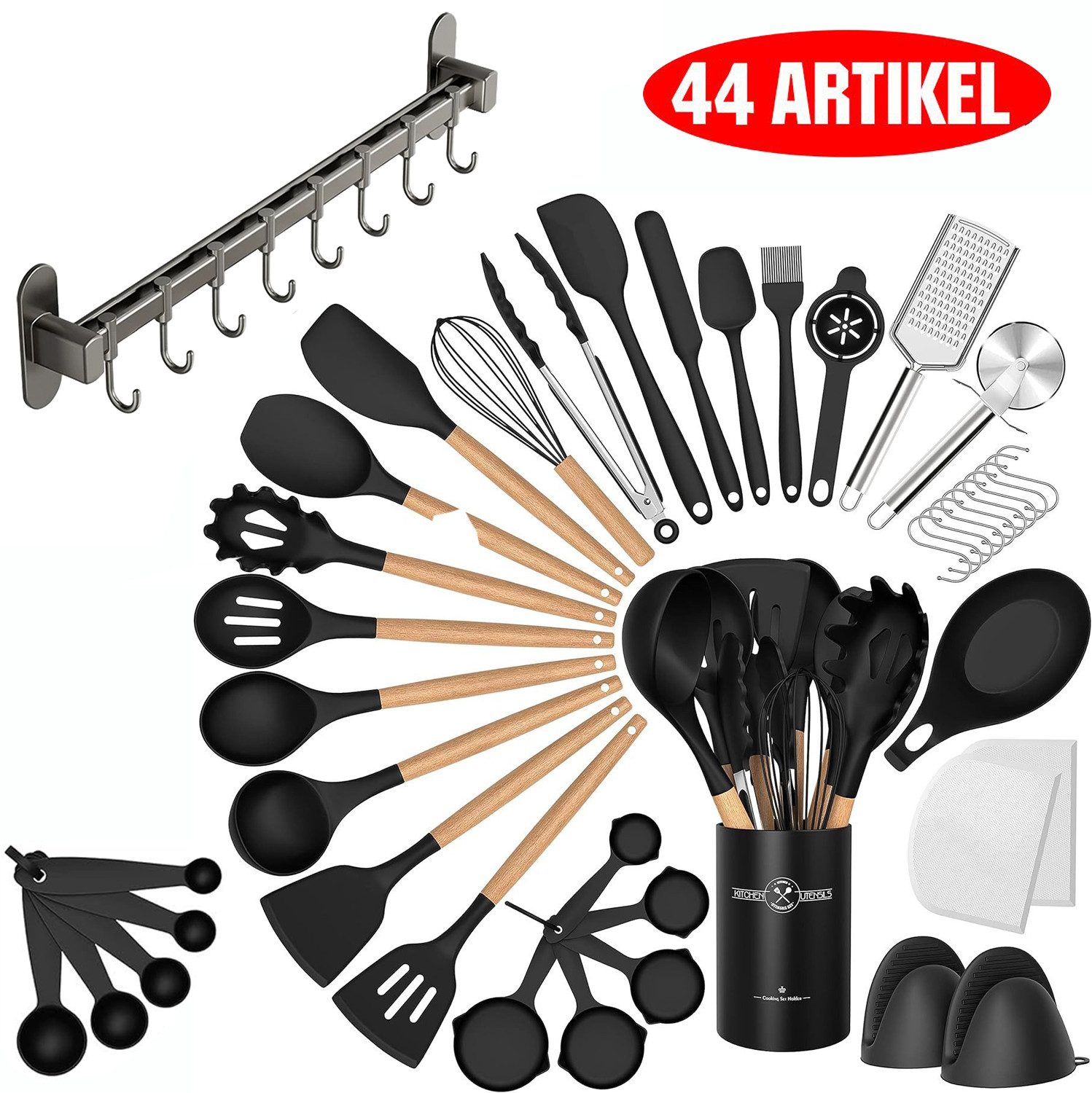 Rhein Beleuchtung Kochbesteck-Set Silikon-Kochgeschirr mit schwarzem Holzgriff, küchenutensilien (44-tlg., Mit 50 cm langer, bohrfreier 8-Haken-Schiene), Sicher und umweltfreundlich, geeignet für antihaftbeschichtete Pfannen