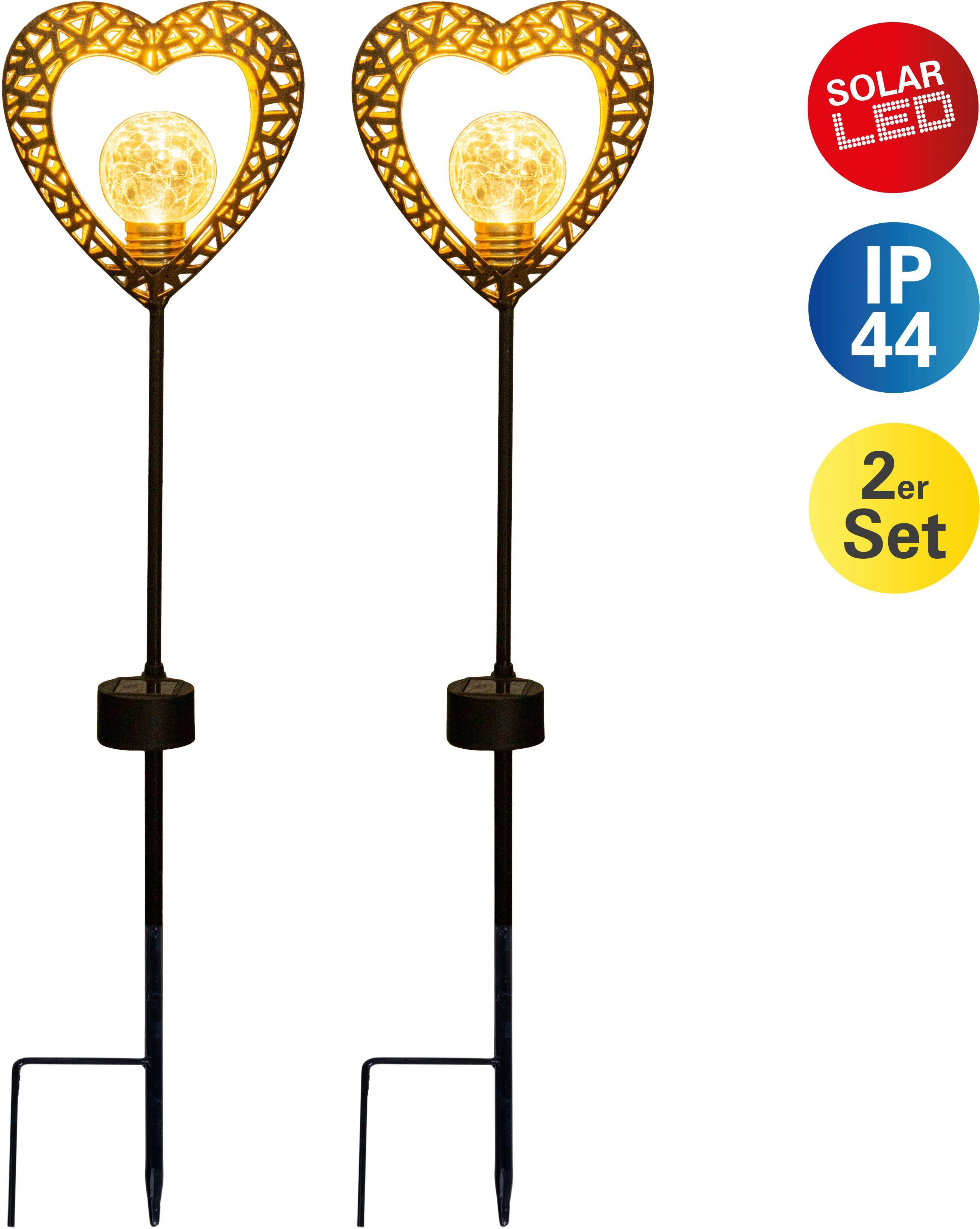 näve LED Solarleuchte Herz, LED fest integriert, Warmweiß, 2er Set, Erdspieß, Höhe: 59cm, LED warmweiß, inkl. Akku