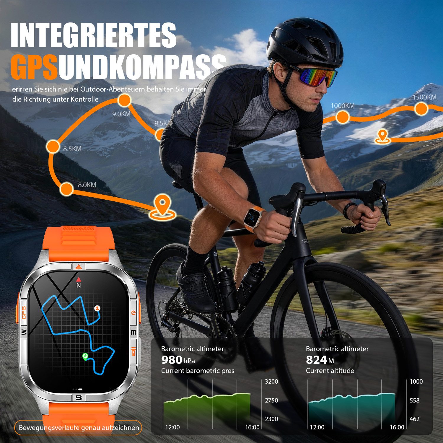 ANYSUN GPS Smartwatch Herren Militär mit LED Taschenlampen,Outdoor Smartwatch IP68 Wasserdicht Fitnessuhr,Kompass Smartwatch mit Telefonfunktion, Zwei Armbänder (Silikon + Metall), 100 Sportmodi, Pulsmesser,Schlafmonitor,Android/iOS