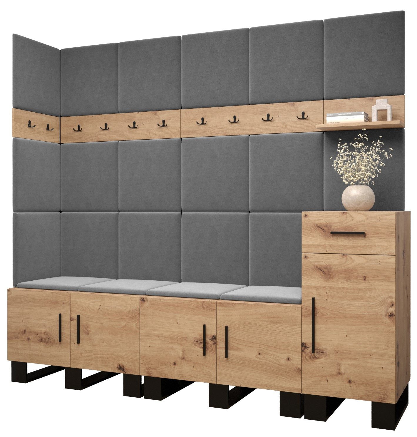 ABIKS MÖBEL Garderoben-Set ARTIN Set 9 Garderobe mit gepolsterten Paneelen, Industriell Design