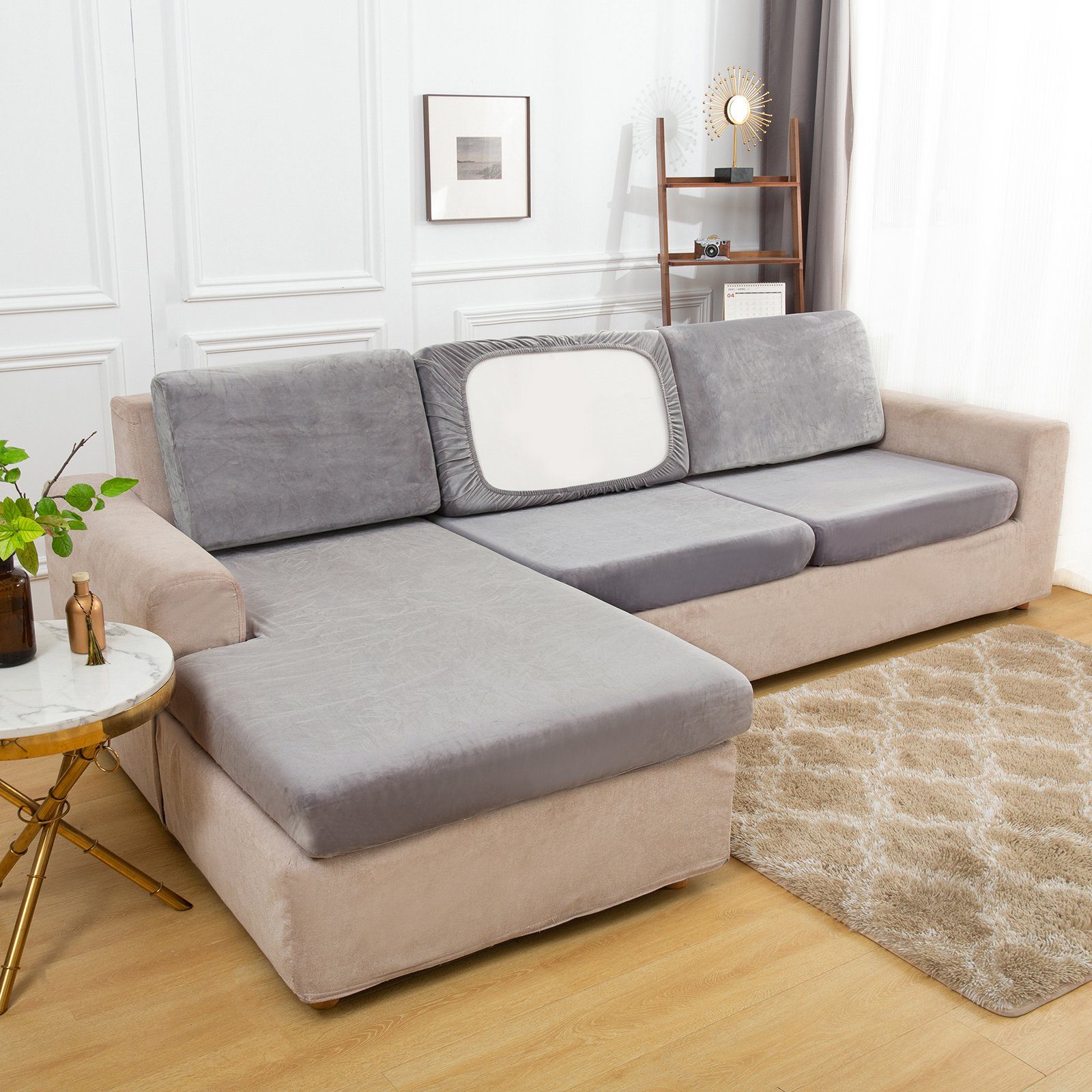 Sofahusse Stretch, Samt, mit elastischer Unterseite, für Sofa, Rosnek Hellgrau