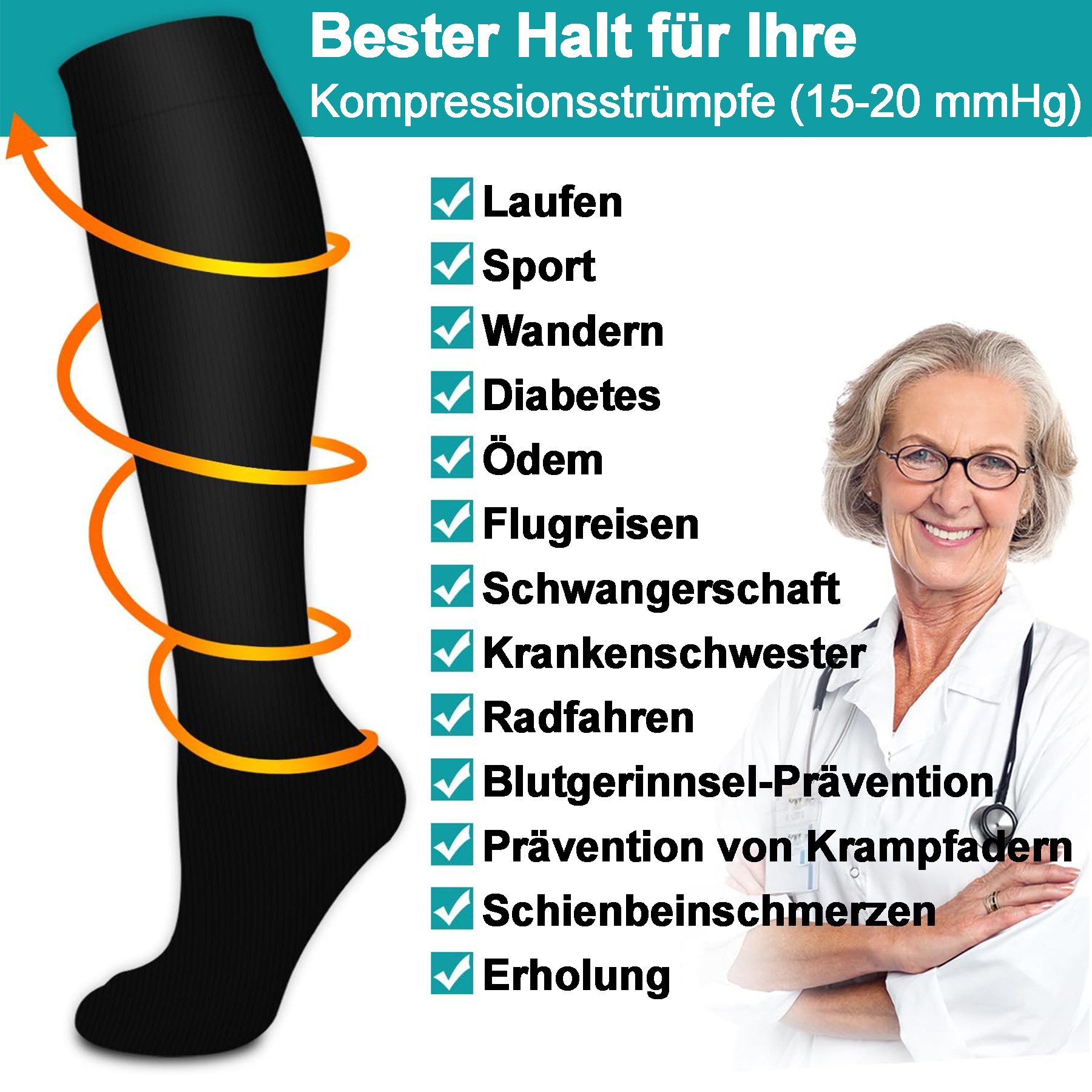 Mutig Kompressionsstrümpfe 6 Paar Reisestrümpfe, Sportsocken für Damen und Herren (ideal für Laufen, Reise, Flug, Alltag) – Bild 5 von 5