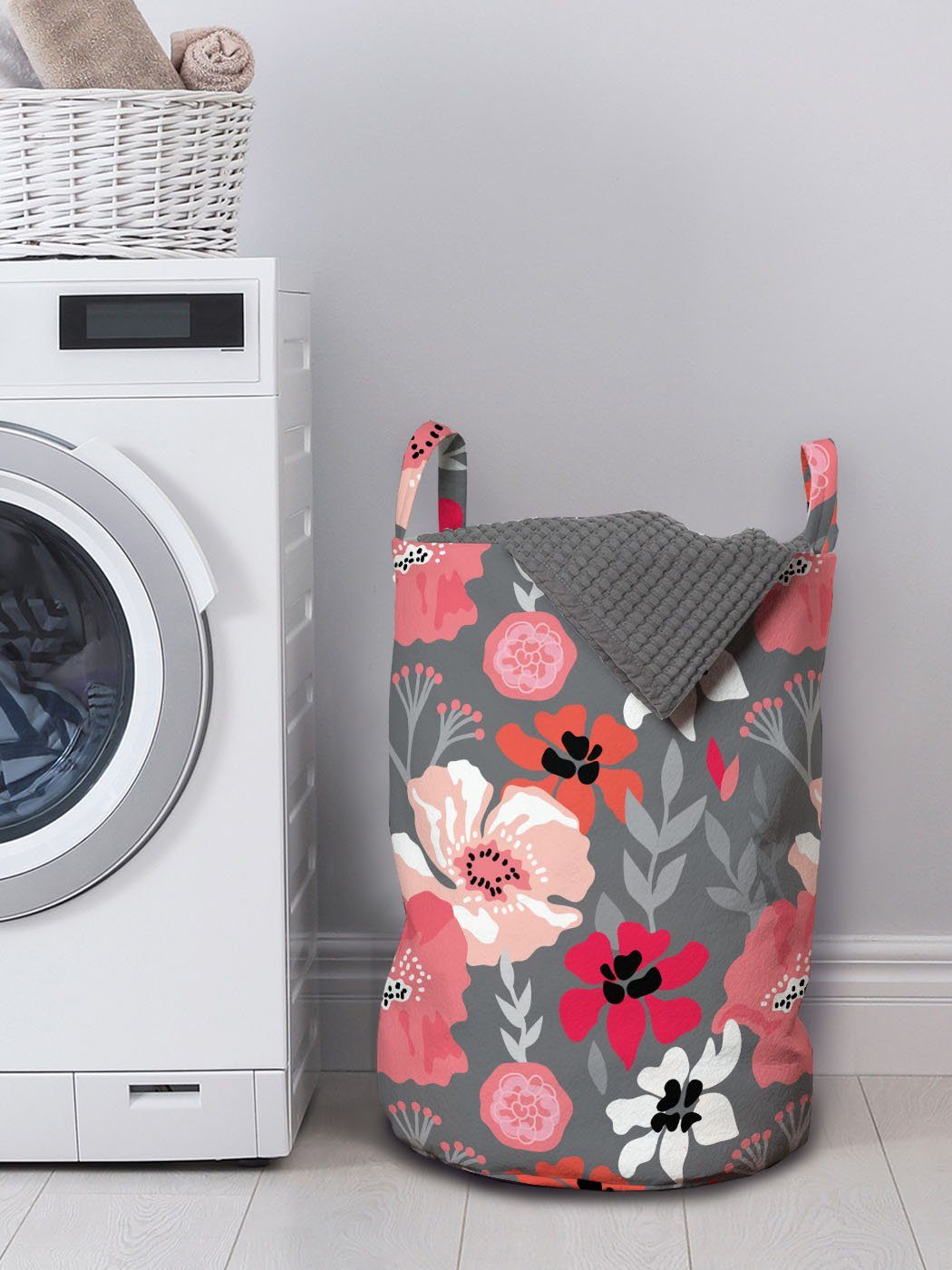 Abakuhaus Wäschesäckchen Wäschekorb mit Waschsalons, Blumen Flower Kordelzugverschluss Images Verschiedene für Retro Griffen
