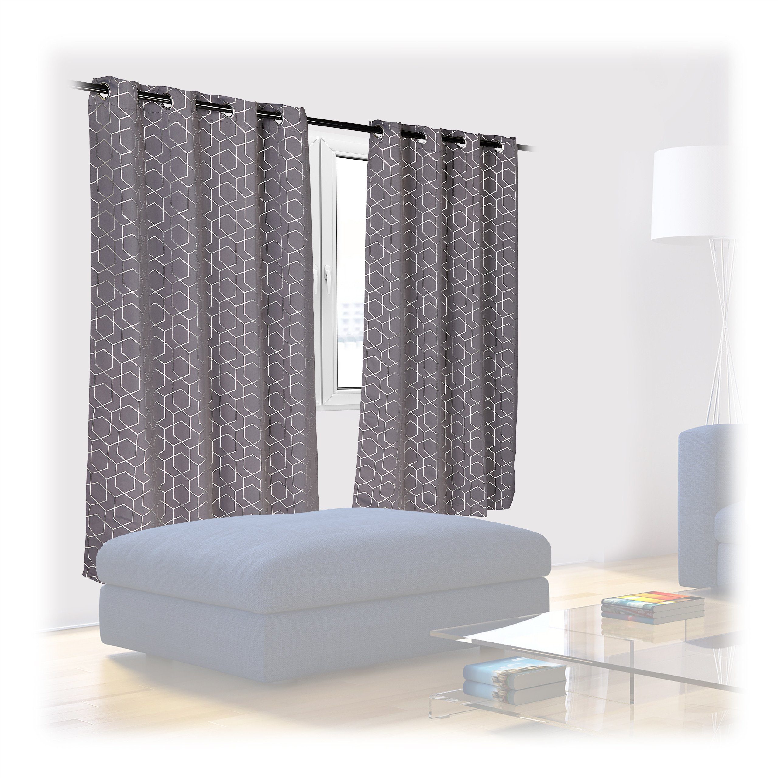 Vorhang Vorhänge 2er Set mit Muster, relaxdays, 175x135cm Grau Silber