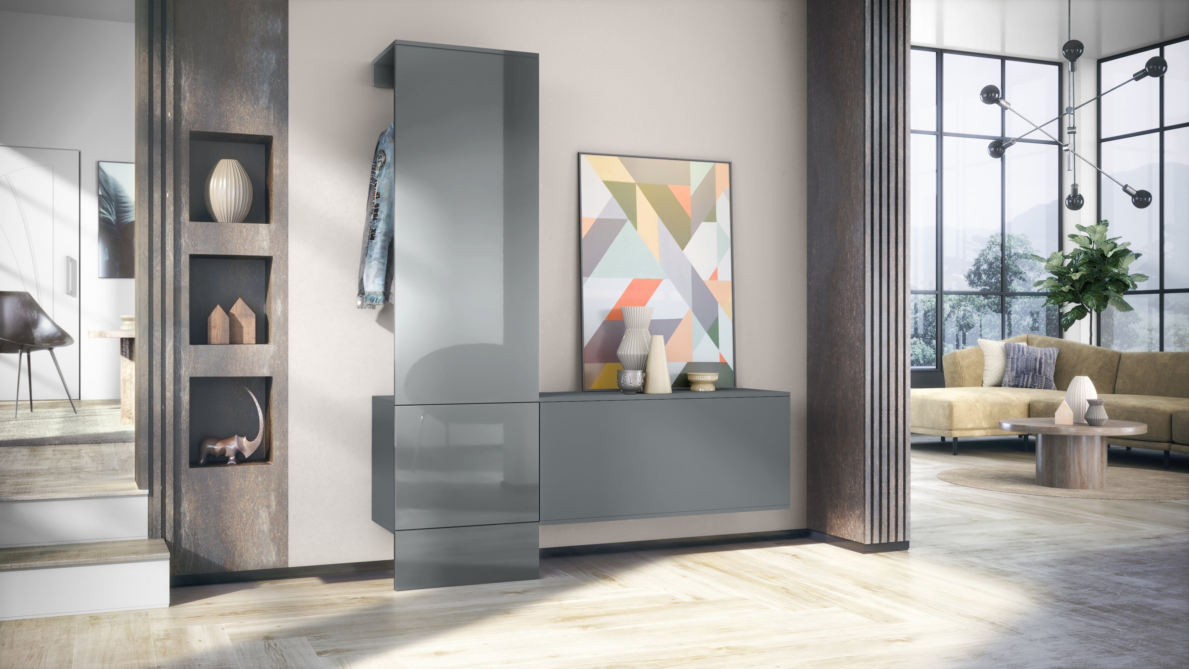 Vladon Garderoben-Set Carlton Set 4, (Wandgarderobe bestehend aus, 1 Paneel und 1 Schrankmodul), Anthrazit matt/Grau Hochglanz (156,5 x 193 x 35 cm)