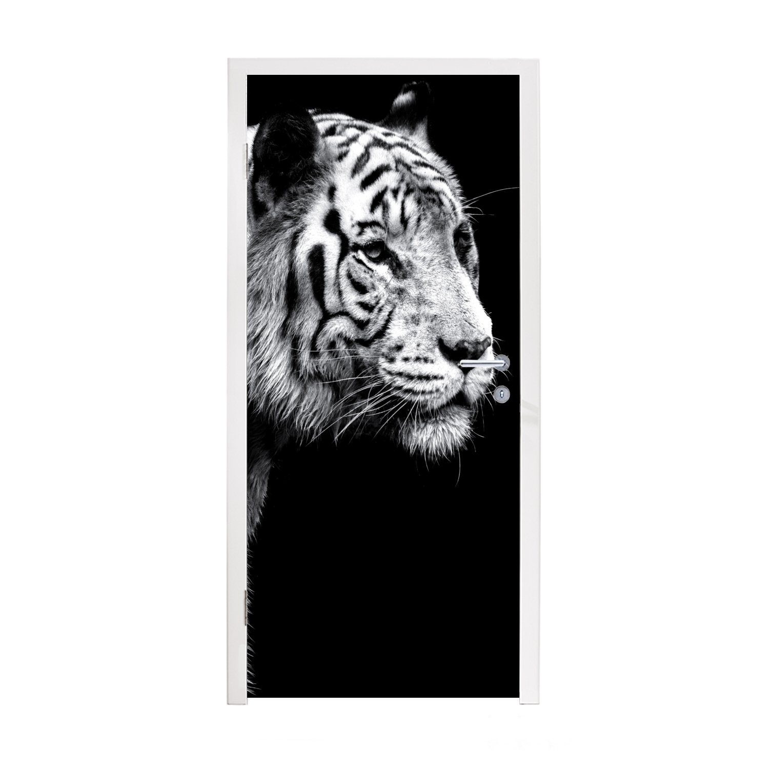MuchoWow Türtapete Studioaufnahme eines weißen Tigers auf schwarzem Hintergrund, Matt, bedruckt, (1 St), Fototapete für Tür, Türaufkleber, 75x205 cm