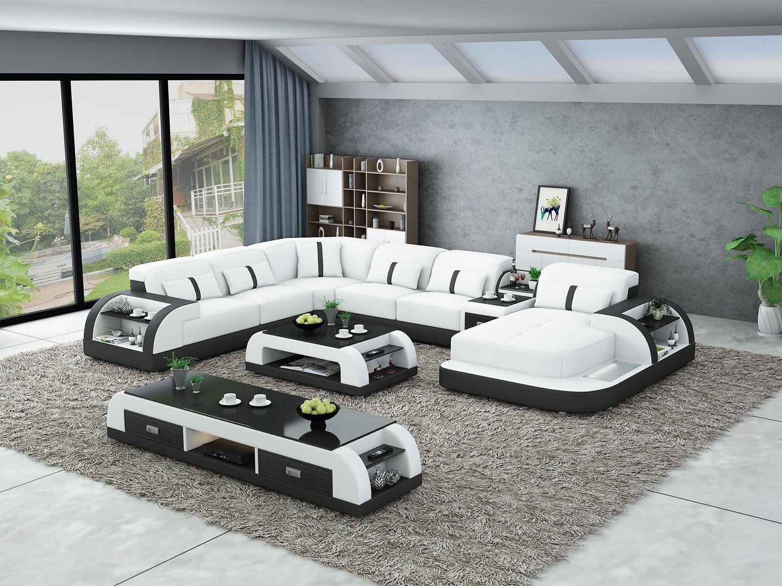 JVmoebel Wohnzimmer-Set, Design Wohnlandschaft Ecksofa Sofa Couch U-Form Tisch Leder 2tlg. Weiß/Schwarz