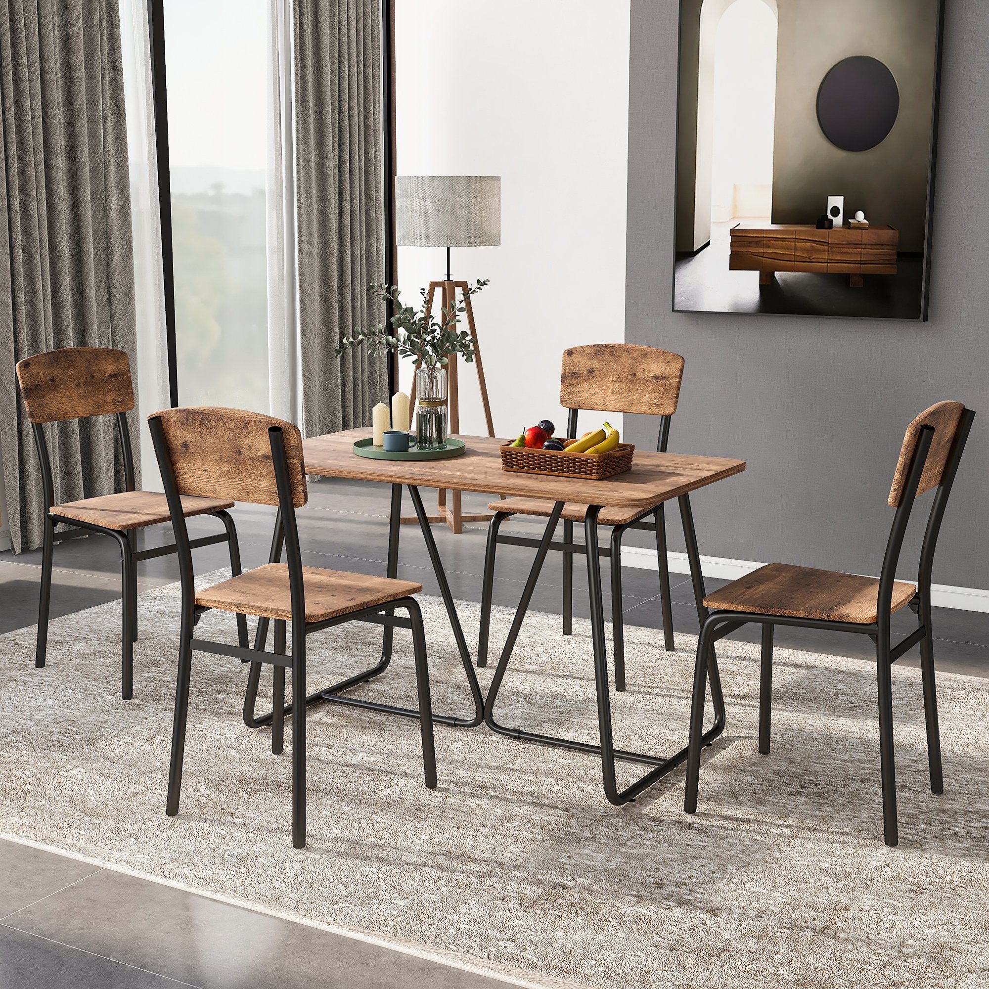 OKWISH Essgruppe, (Esstisch Rechteckige Tischplatte mit 4 Stühlen, 5-tlg., Moderne Esstisch und Stuhl Set) | Essgruppen