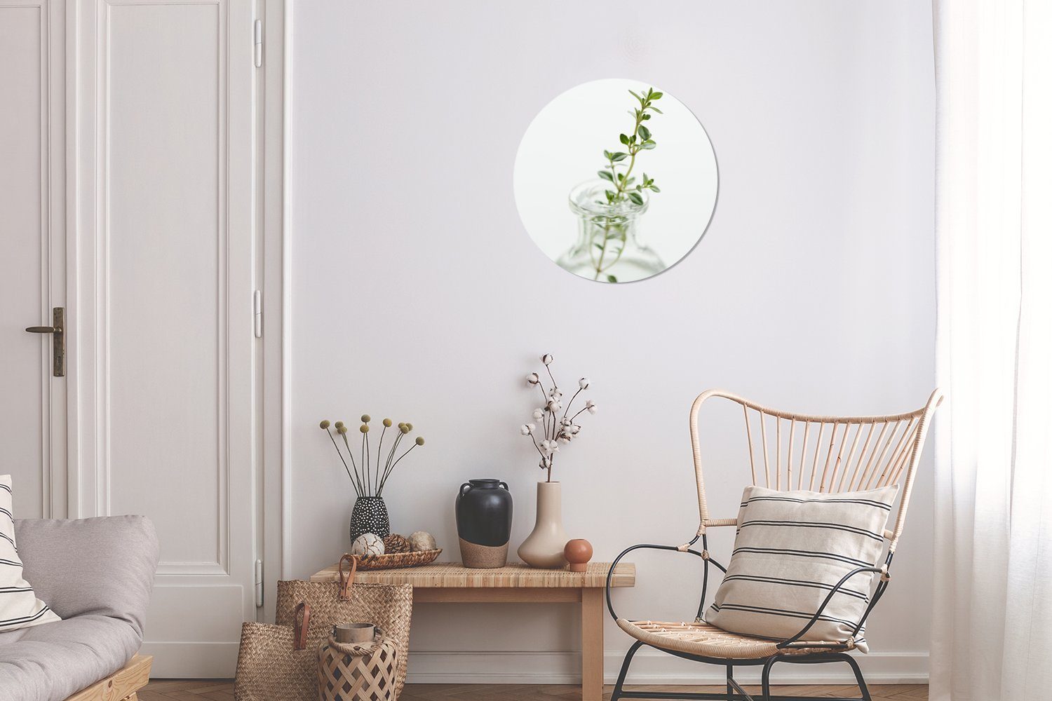 MuchoWow Gemälde Vase einer Wohnzimmer, Forex, (1 30x30 Oregano-Zweig weißen einem St), transparenten Rundes Kreis Wandbild, Wanddekoration Hintergrund, vor cm in