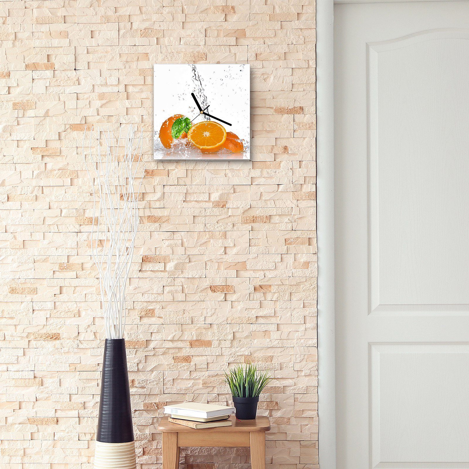 cm 30 Motiv Wanduhr auf Wandkunst x mit Primedeco Größe Orangen Glasuhr 30 Wasser Wanduhr