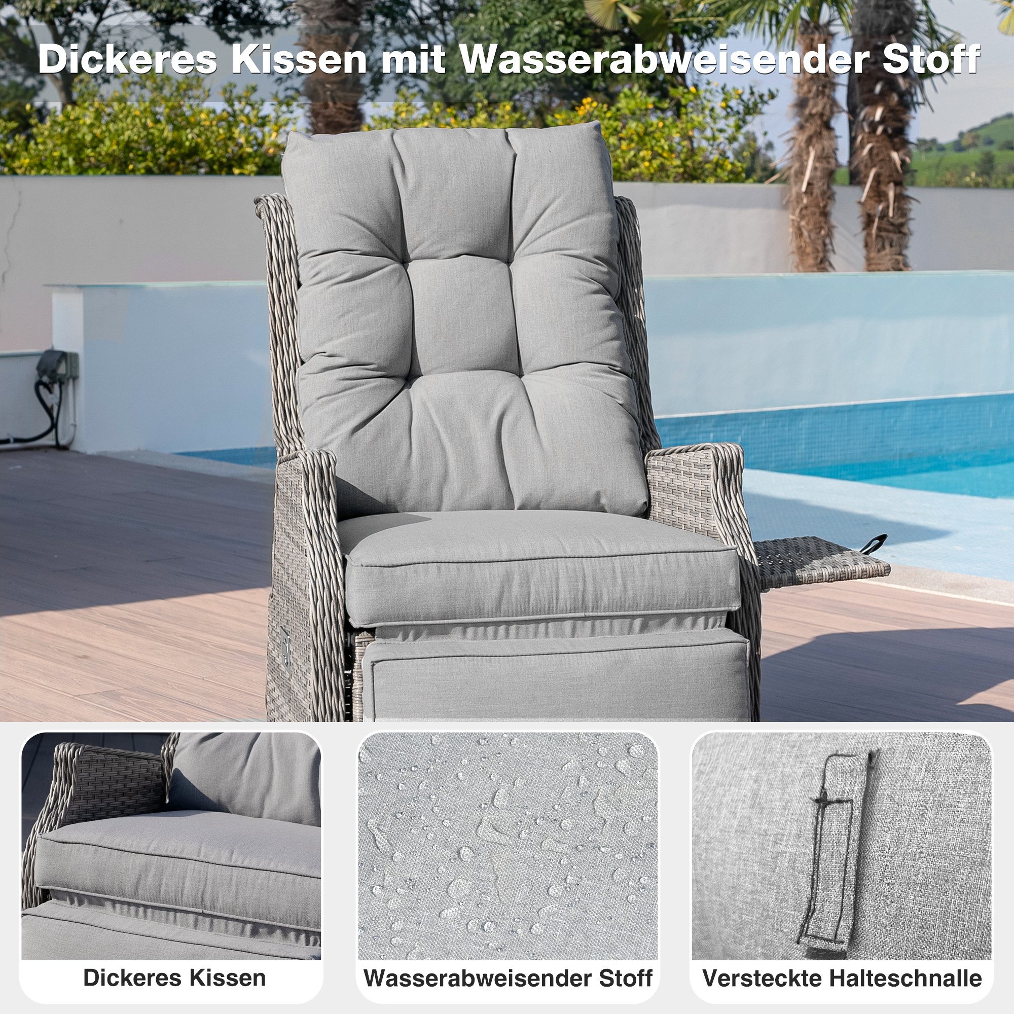 HOMECALL Rattanstuhl Gartensessel Indoor Verstellbar Liegestuhl Gartenliege balkonliege (Wetterfester Rahmen, klappbarem Beistelltisch und Fußstütze, 1 St), COM – Bild 5 von 5