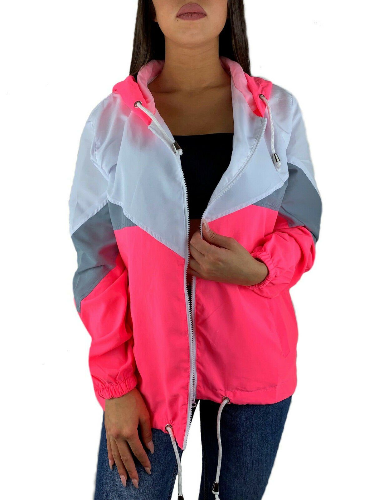 Worldclassca Windbreaker Worldclassca Damen Windbreaker Festival Jacke 90s Blouson Regen Kapuzenjacke Bomberjacke Sport Hoodie Übergangsjacke mit Reißverschluss Wasserabweisend XS-XL Neon-Pink