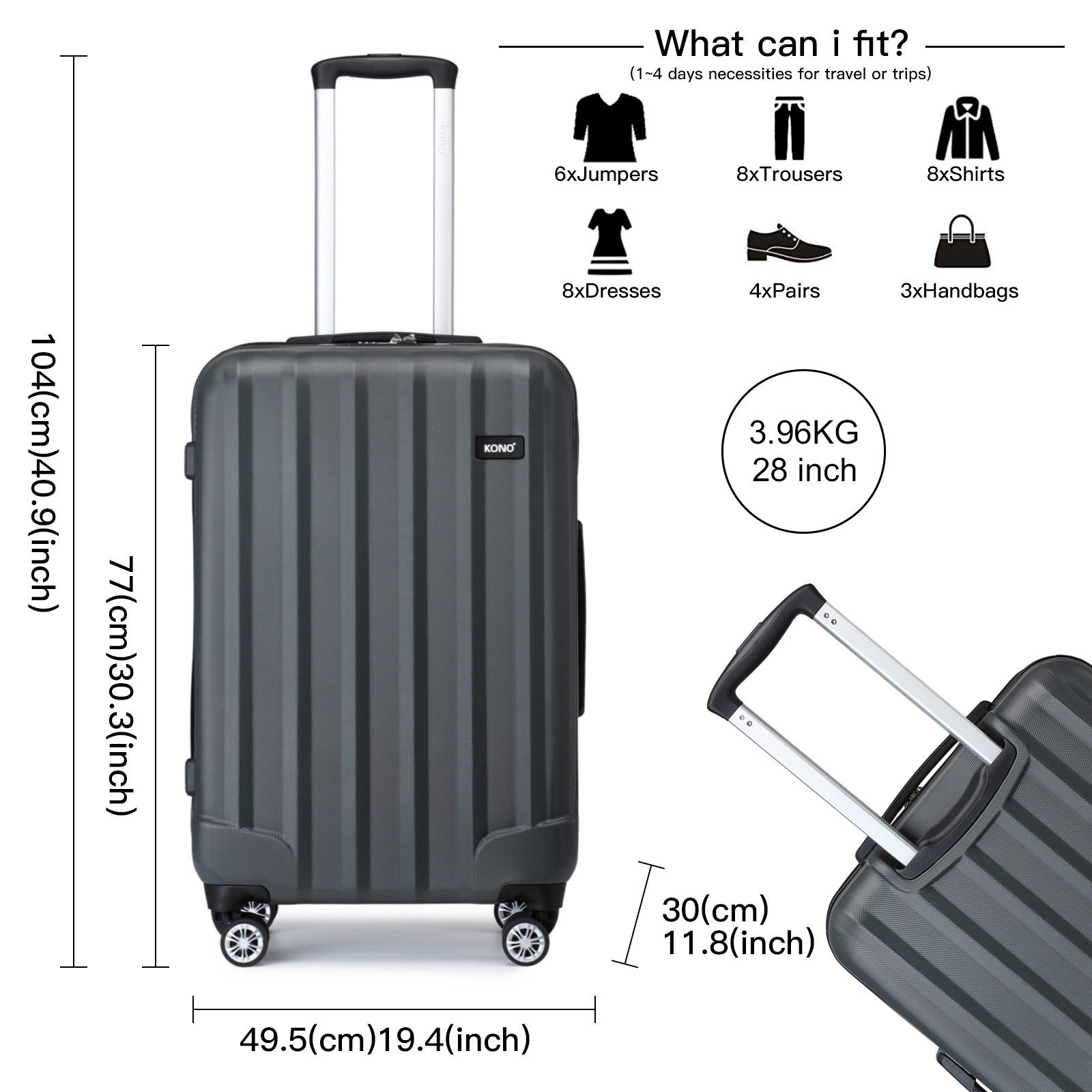 KONO Hartschalen-Trolley Hartschalen Trolley Koffer mit 4 Rollen und Zahlenschloss –Reisekoffer