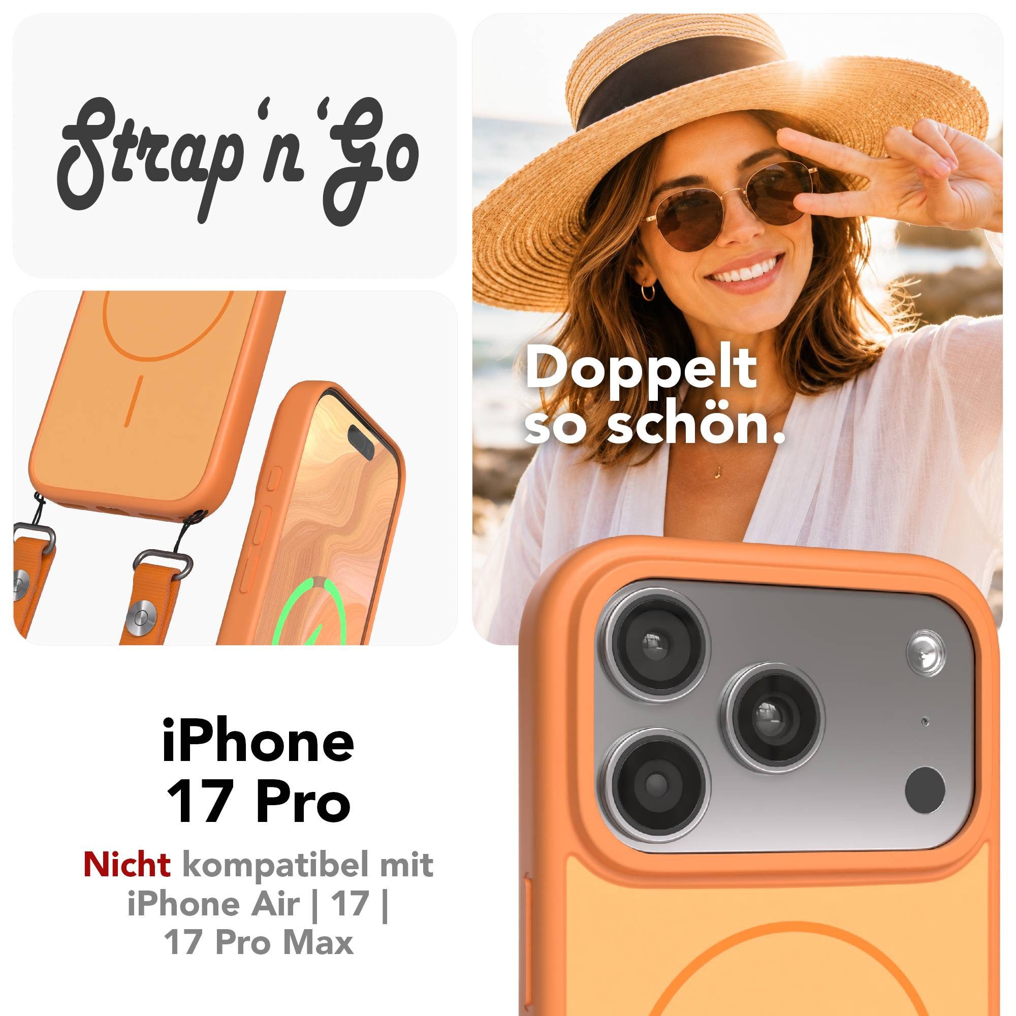EAZY CASE Handykette Outdoor Case Thin MagSafe mit Band für Apple iPhone 17 Pro 6,3 Zoll, Hülle mit Slim MagSafe Ring, Magnetkette und starkem Schutz in Orange