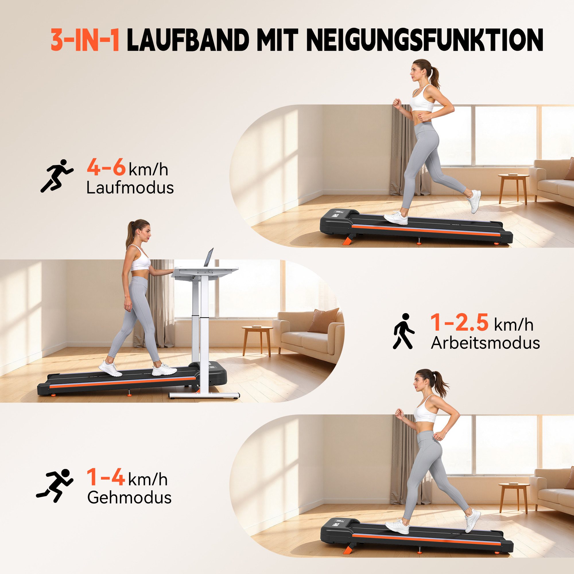 kehot Laufband Laufband für Zuhause, 2,5 PS Walking Pad 1–6 km/h Leise, Kompakt (Walking Pad mit 9% manuelle Steigung, Bluetooth, LED & Fernbedienung, Platzsparendes Walking Pad, 38x94 cm, bis 100 kg belastbar), Unter Schreibtisch Laufband, ideal für Homeoffice & Büro