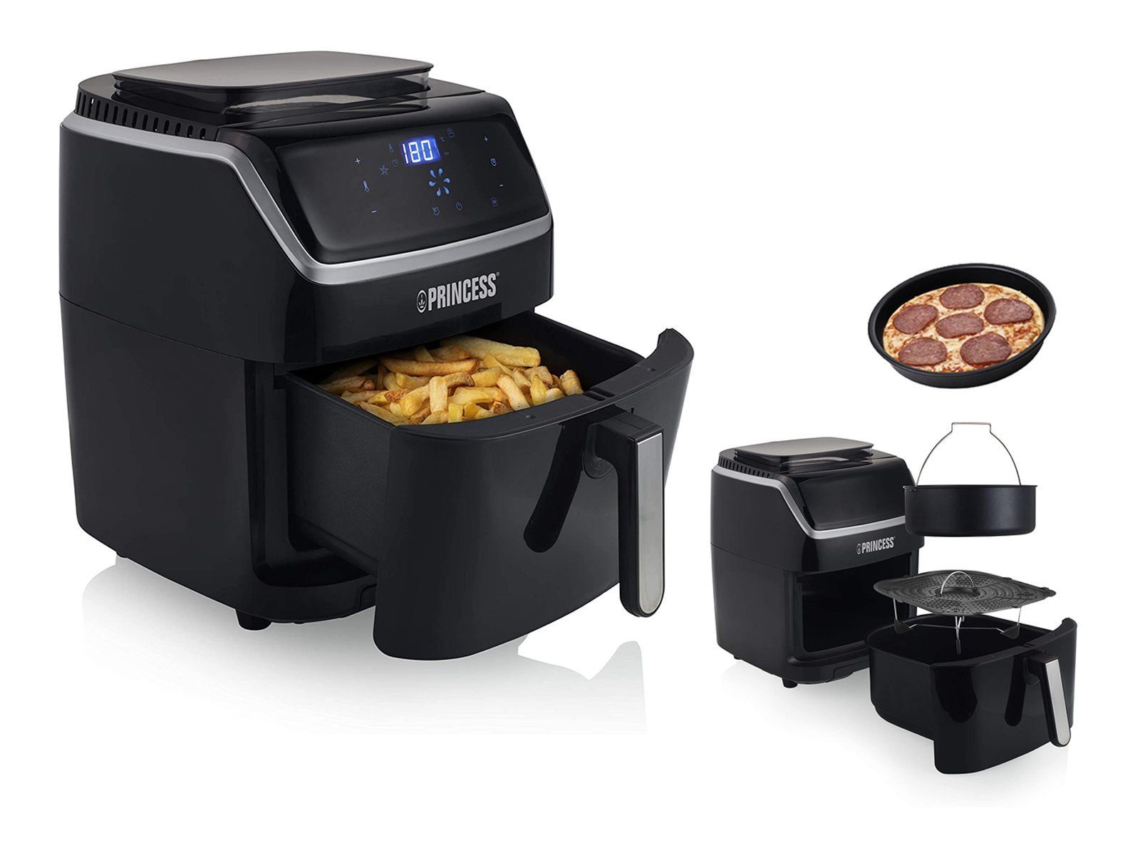 PRINCESS Heißluftfritteuse, 1700 W, 2in1 Dampfgarer & 6,5L Fritöse mit Dampf-Rack, Backform & Pizzapfanne