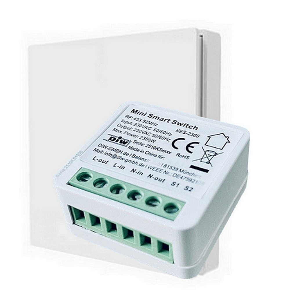 DIW-Funk Funk-Empfangsmodul KE-2300 Kinetic Funk-Schaltset Einbau und Wandsender ohne Batterie, für Innenbereich, 1 Schaltkontakte, Spar-Set, 2-tlg., komplettes Set, funktioniert mit Kenetic, daher komplett ohne Batterie