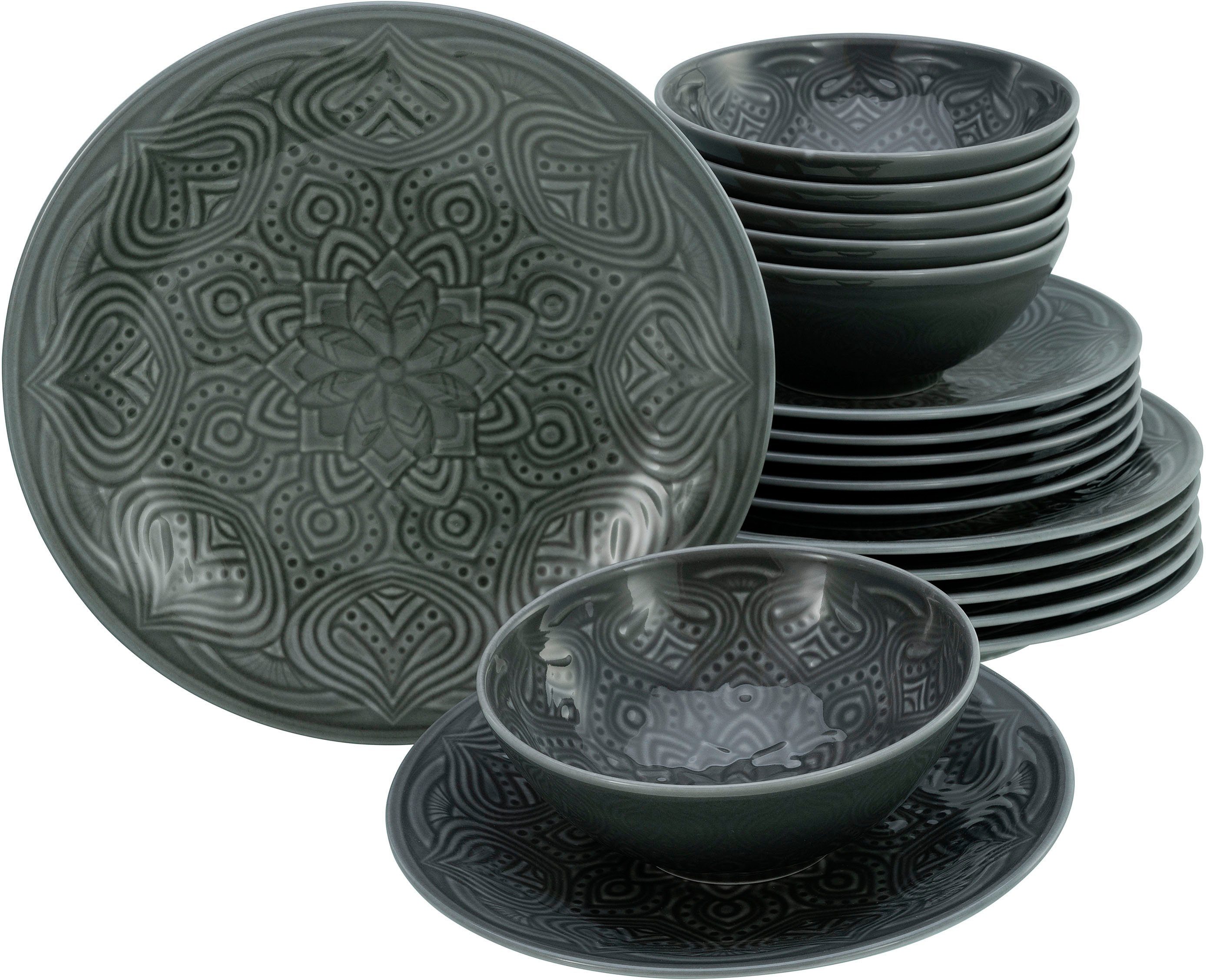 CreaTable Teller-Set Orient Mandala (18-tlg), 6 Personen, Porzellan, Teller Set, Speiseteller, Dessertteller und Schalen im Set