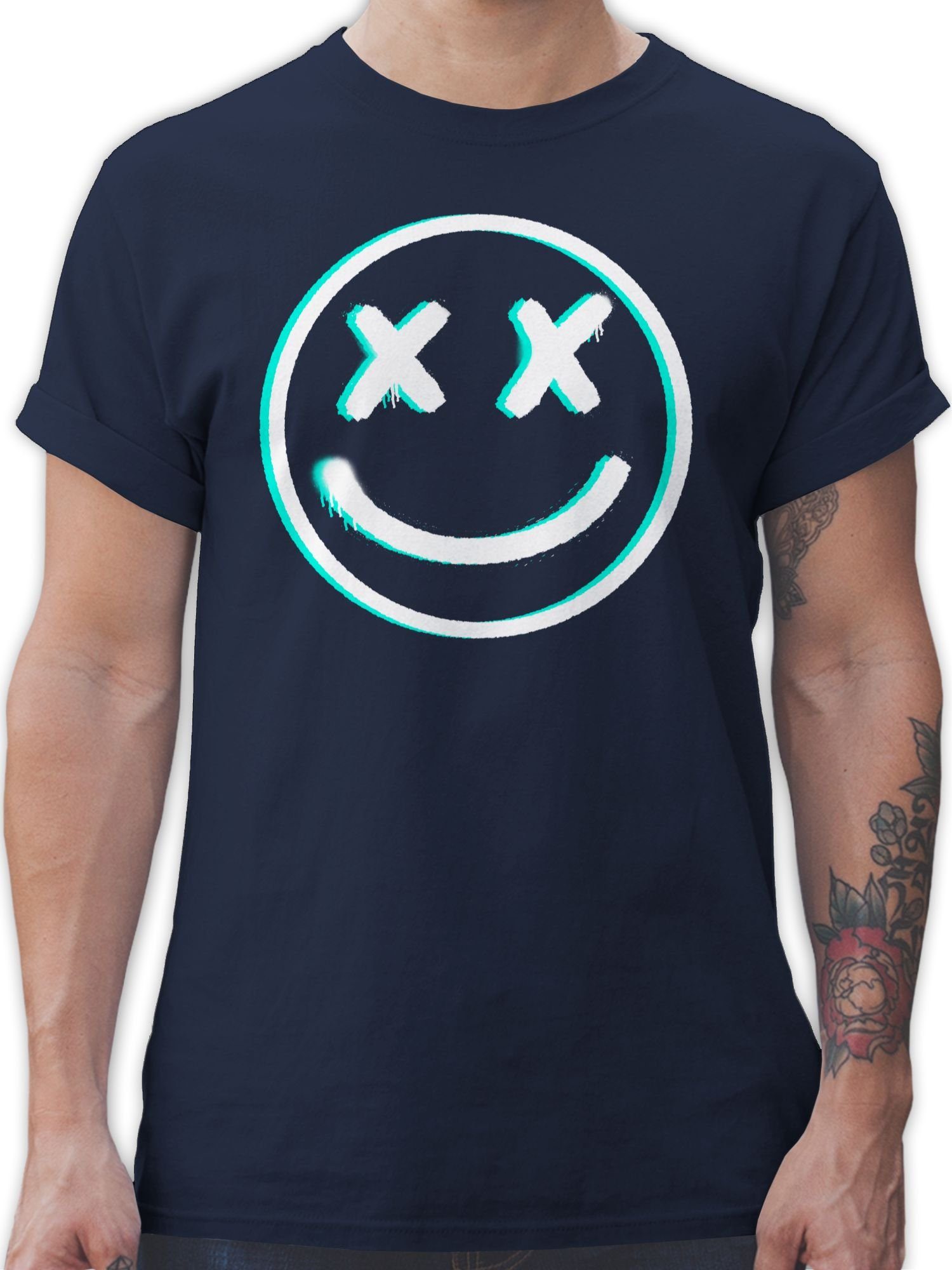 Geschenke T-Shirt Glitch Nerd 02 Face Blau Shirtracer Cooles Navy Smiley