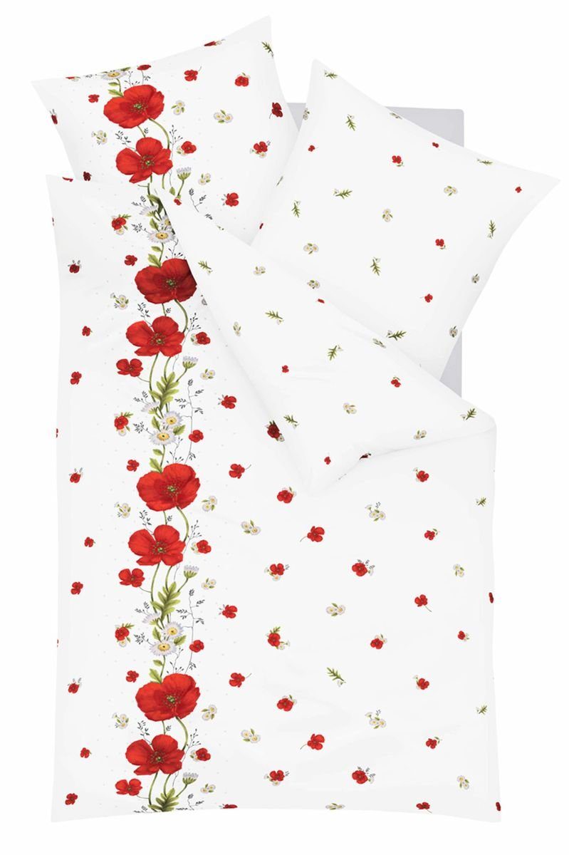 Kaeppel Bettwäsche Kaeppel Seersucker Bettwäsche 135x200cm Red Poppy Mohn Rot Weiß, Microfaser, 2 teilig, feine "Baby-Rippe", mit Reißverschluss atmungsaktiv und pflegeleicht