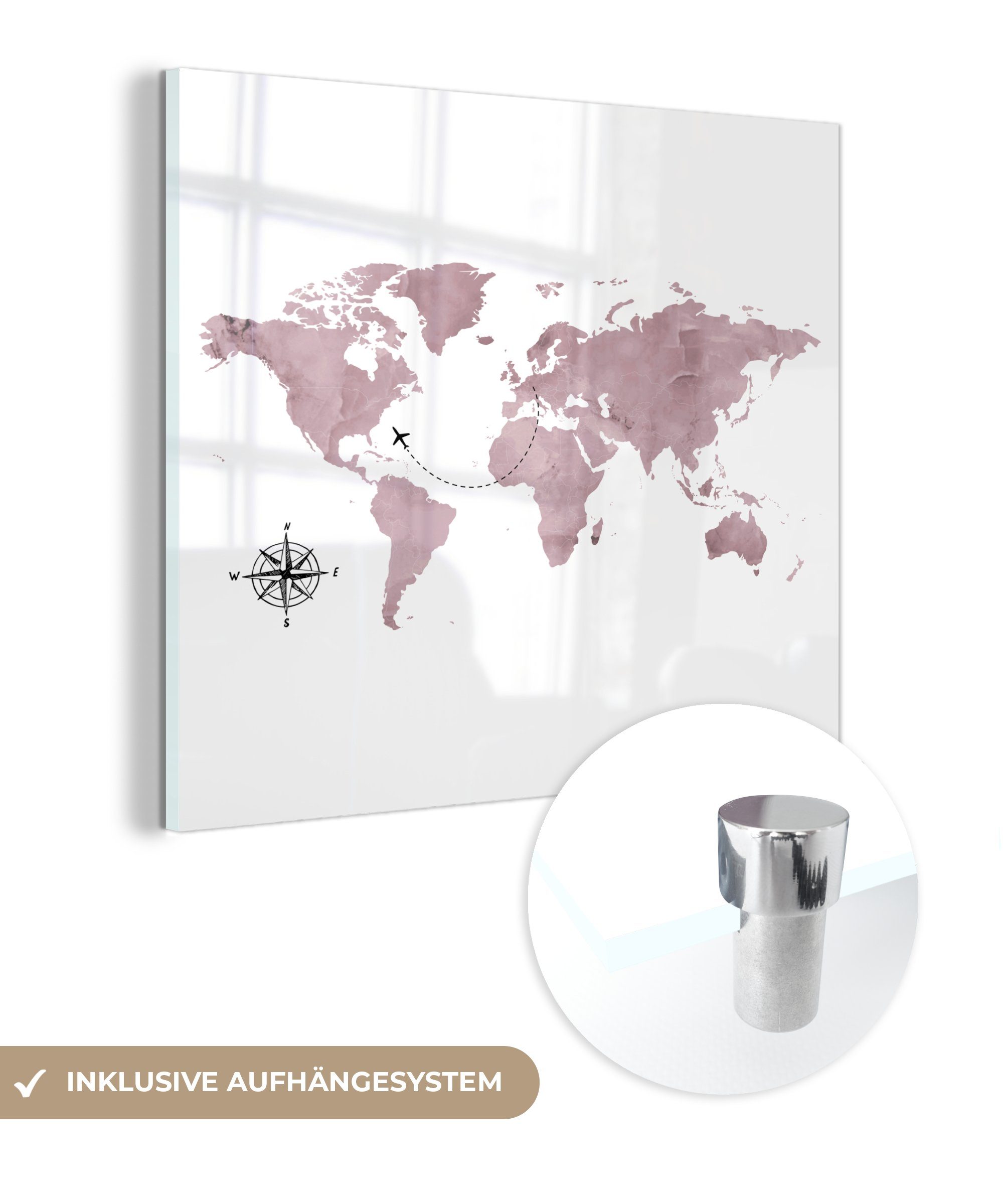 MuchoWow Acrylglasbild Weltkarte - Aquarell - Windrose, (1 St), Glasbilder - Bilder auf Glas Wandbild - Foto auf Glas - Wanddekoration
