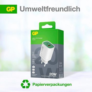 GP Batteries Steckerlader 20W PD 2 USB-Anschlüsse Typ A&C Inkl. int. Stecker USB-Ladegerät (ideal zum Laden von Smartphones, Tablets, Smartwaches, Kopfhörern uvm)