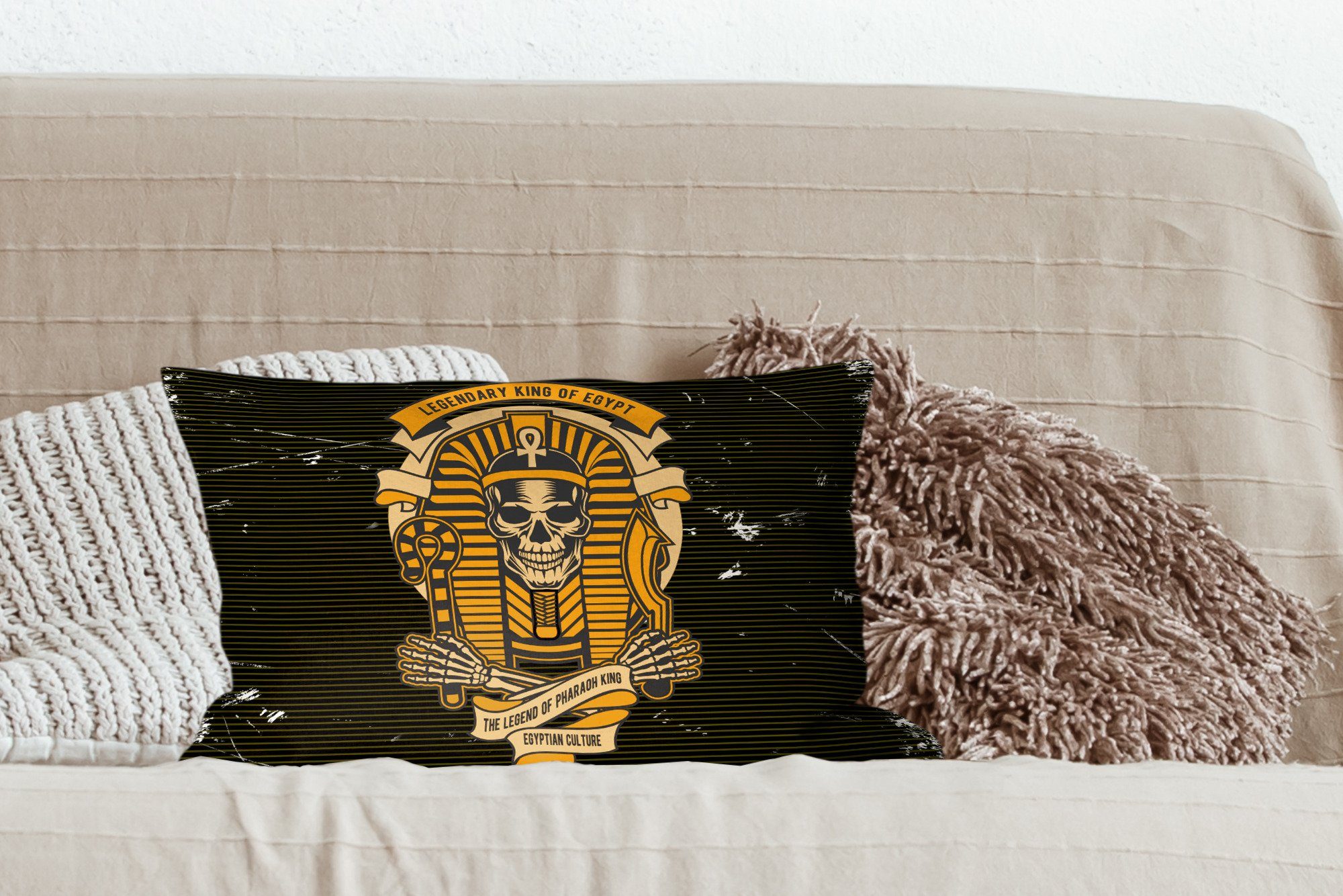 MuchoWow Dekokissen Pharao - - Dekokissen mit Dekoration, Zeichnung, Zierkissen, Skelett Wohzimmer Schlafzimmer Füllung, Retro 