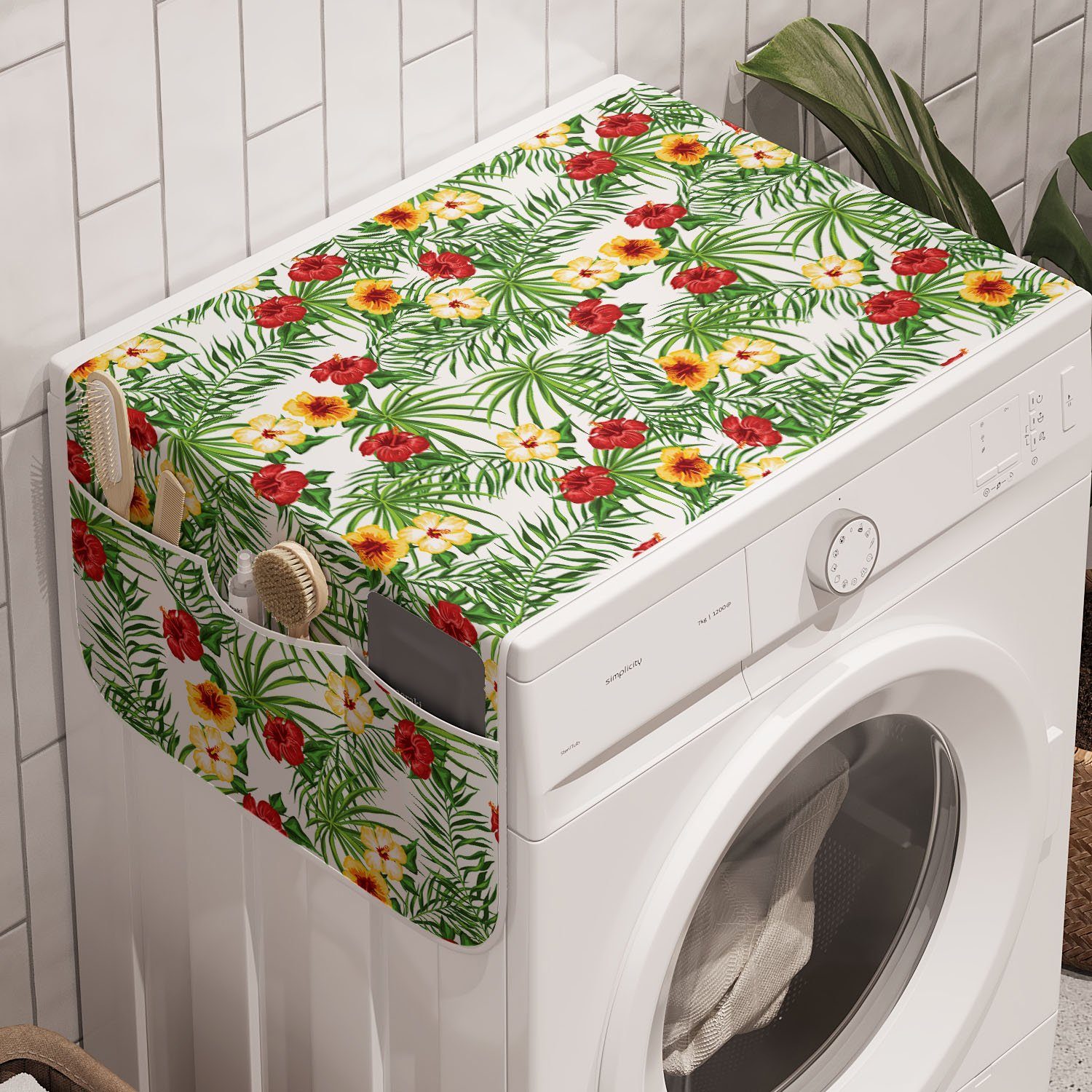 Abakuhaus Badorganizer Anti-Rutsch-Stoffabdeckung für Waschmaschine und Trockner, Hibiskus Tropisch Blumen