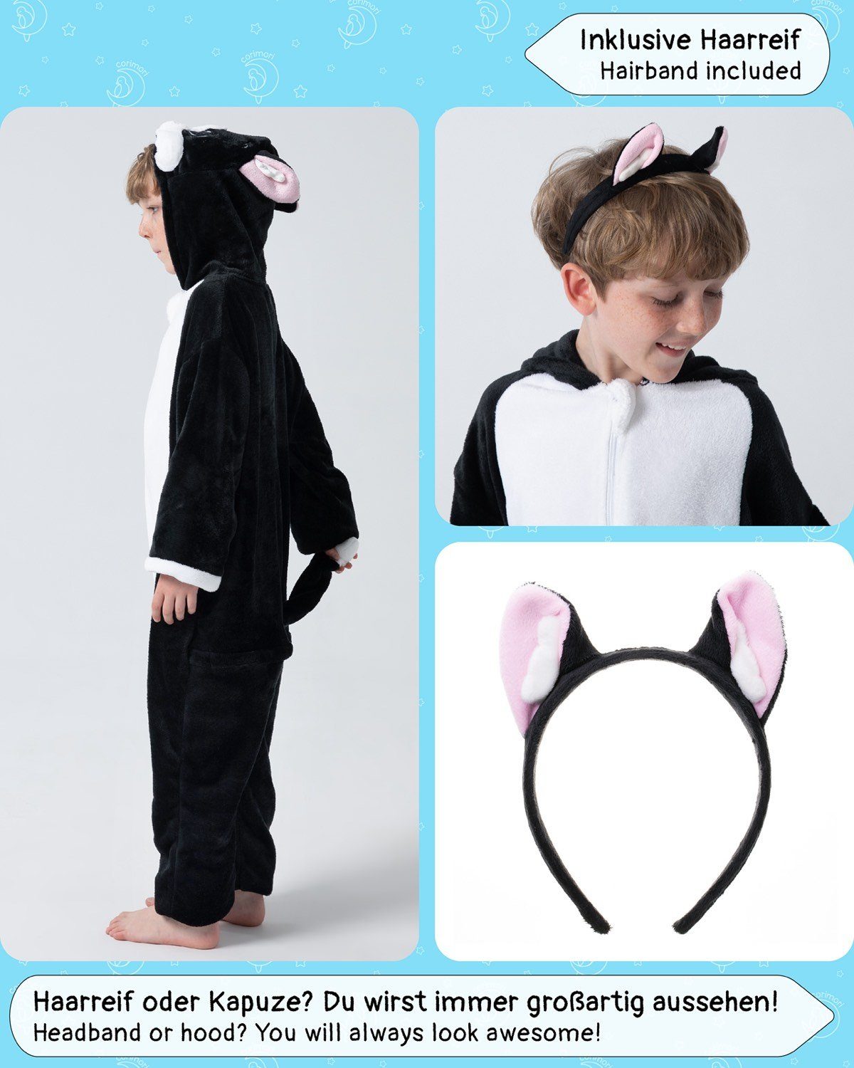 Corimori Jumpsuit Flauschiges Katzen-Kostüm für Kinder,  Karneval Fasching Kostüm Onesie (2-tlg) Jumpsuit, Pyjama, Fasching, Kigurumi, Tierkostüme, Katze "Balou"