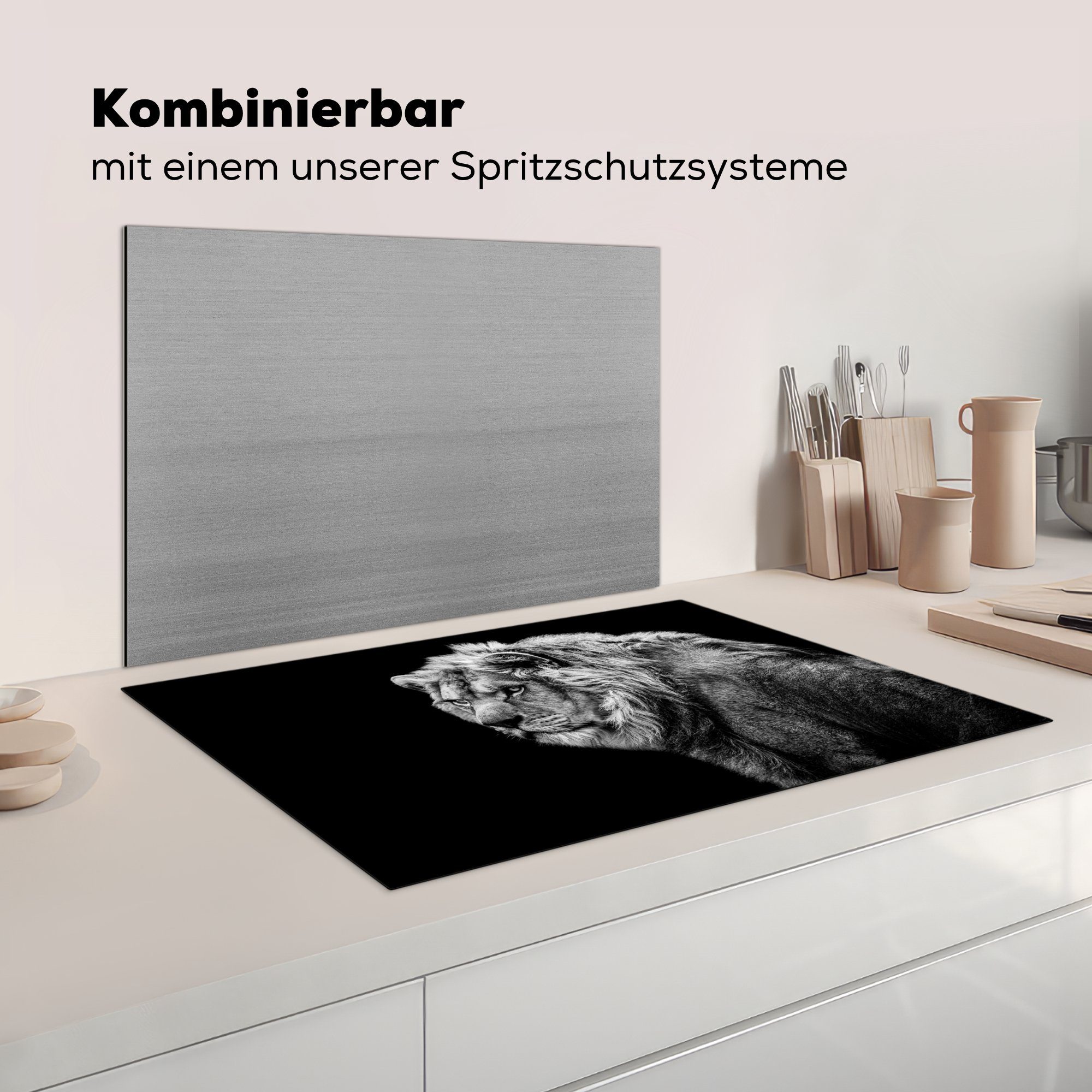 Weiß, Herdblende-/Abdeckplatte - Löwe Schwarz Wildtiere (1 Arbeitsplatte Porträt küche 81x52 tlg), cm, - Vinyl, - für MuchoWow Ceranfeldabdeckung, -