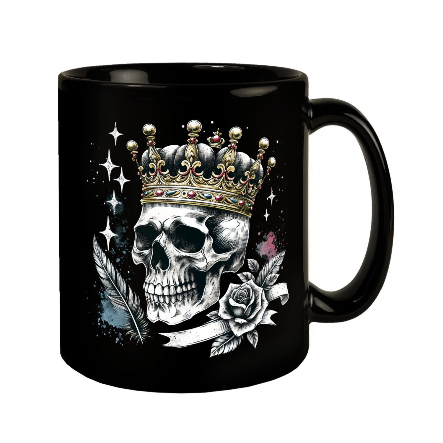 Tasse Totenkopf König mit Krone Tasse schwarz in Schwarz