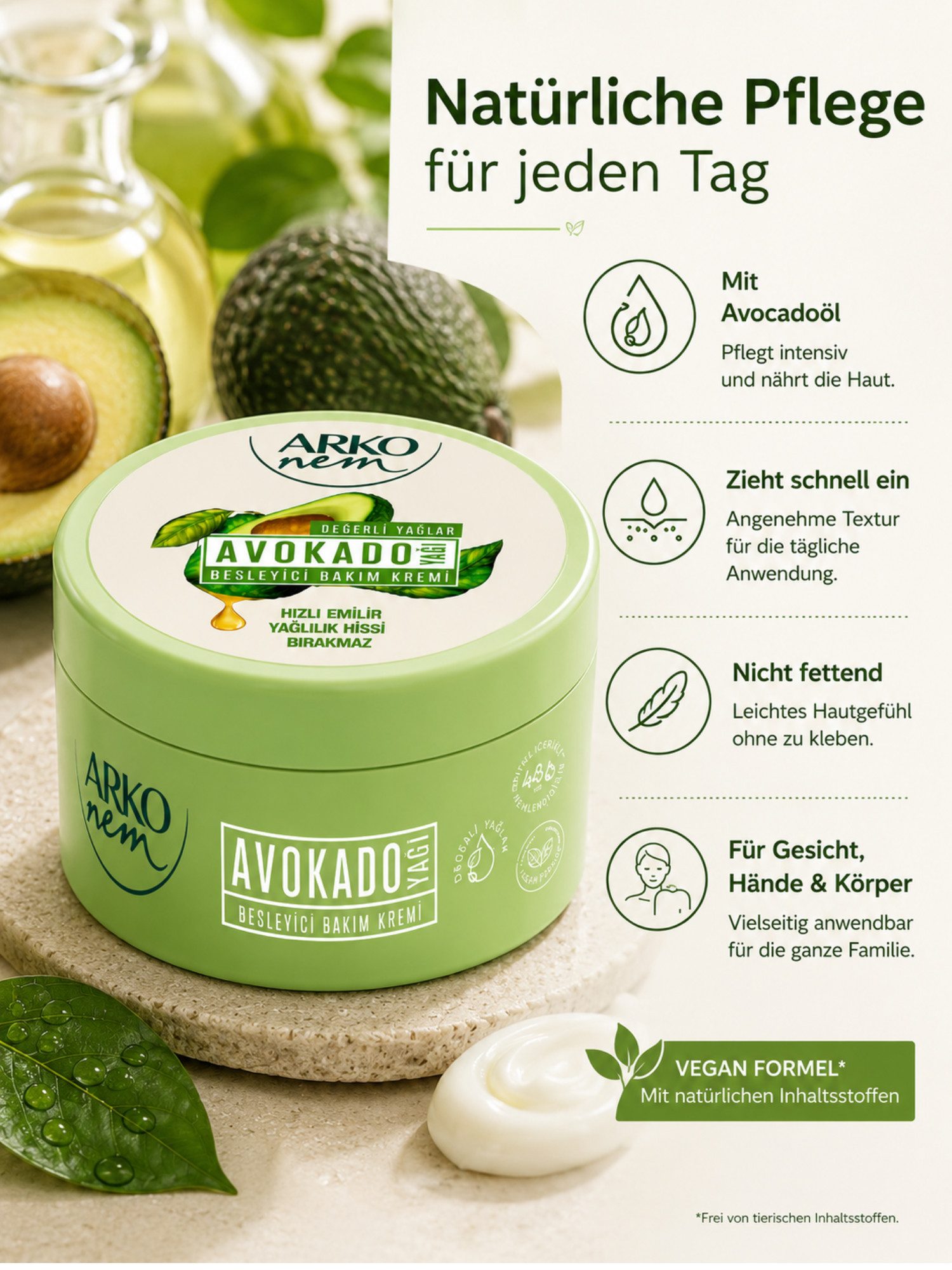 ARKO Körpercreme Arko Nem Avocado Pflegecreme mit Avocadoöl 250 ml Einzelpackung, Mit Avocadoöl Schnell einziehend Nicht fettend Tägliche Pflege