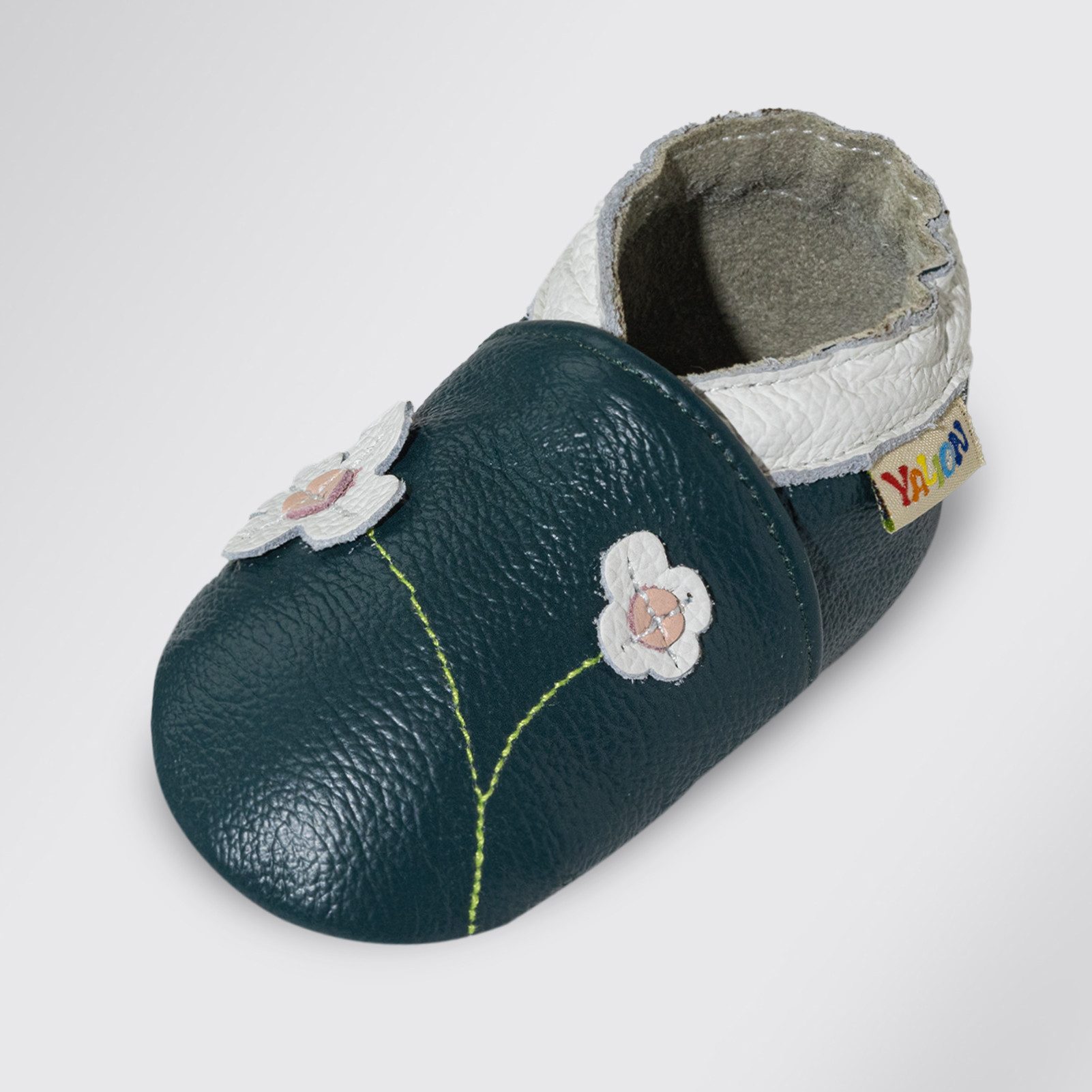 Leder Baby-Lauflernschuhe, weich, handgefertigt Grüne Blumen Krabbelschuh