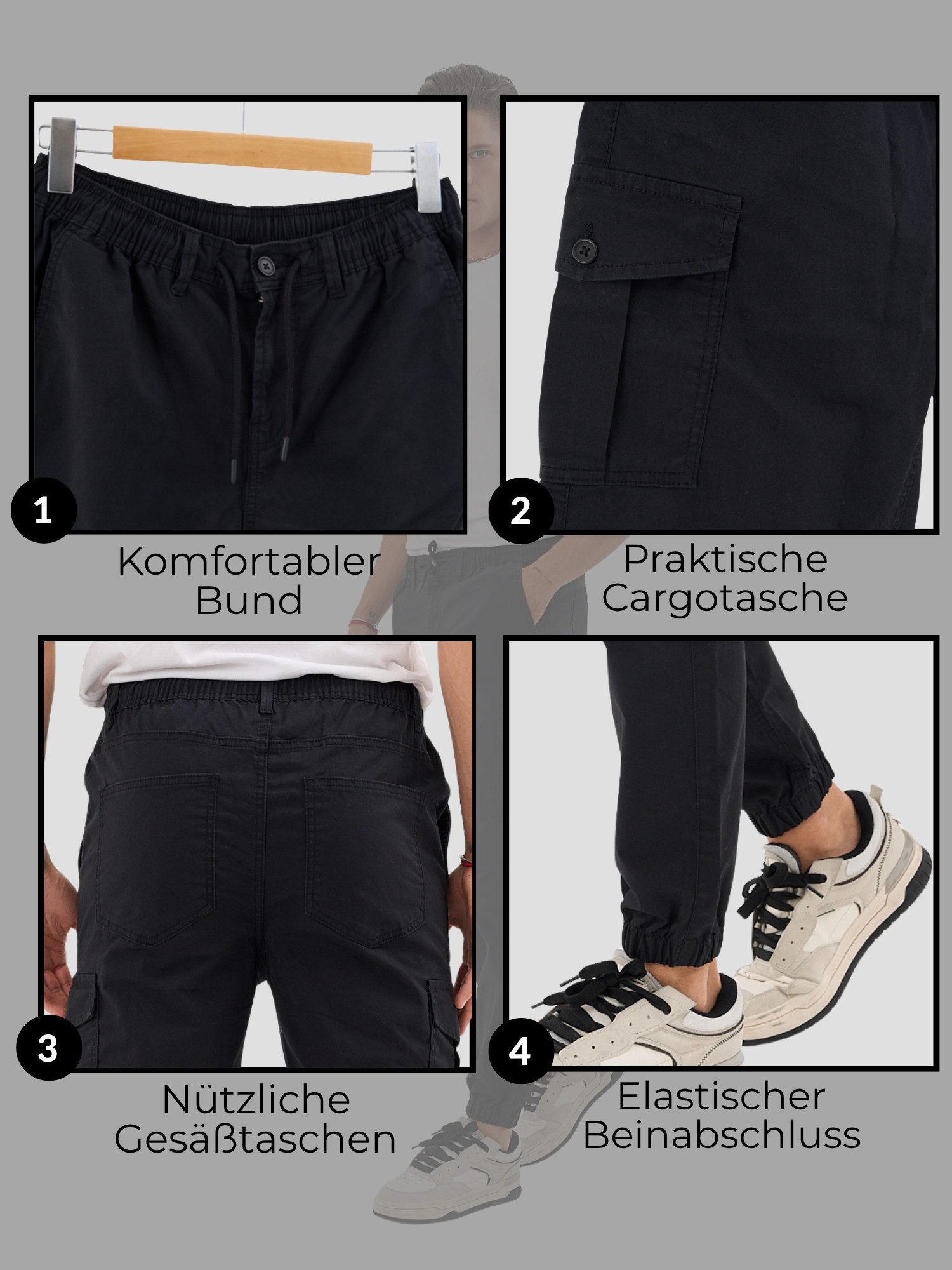 COMEOR Cargohose Herren Stretch Relaxed Fit mit 6 Taschen und Kordelzug Elastischer Beinabschluss, Kordelzug am Bund, Hoher Tragekomfort – Bild 5 von 5