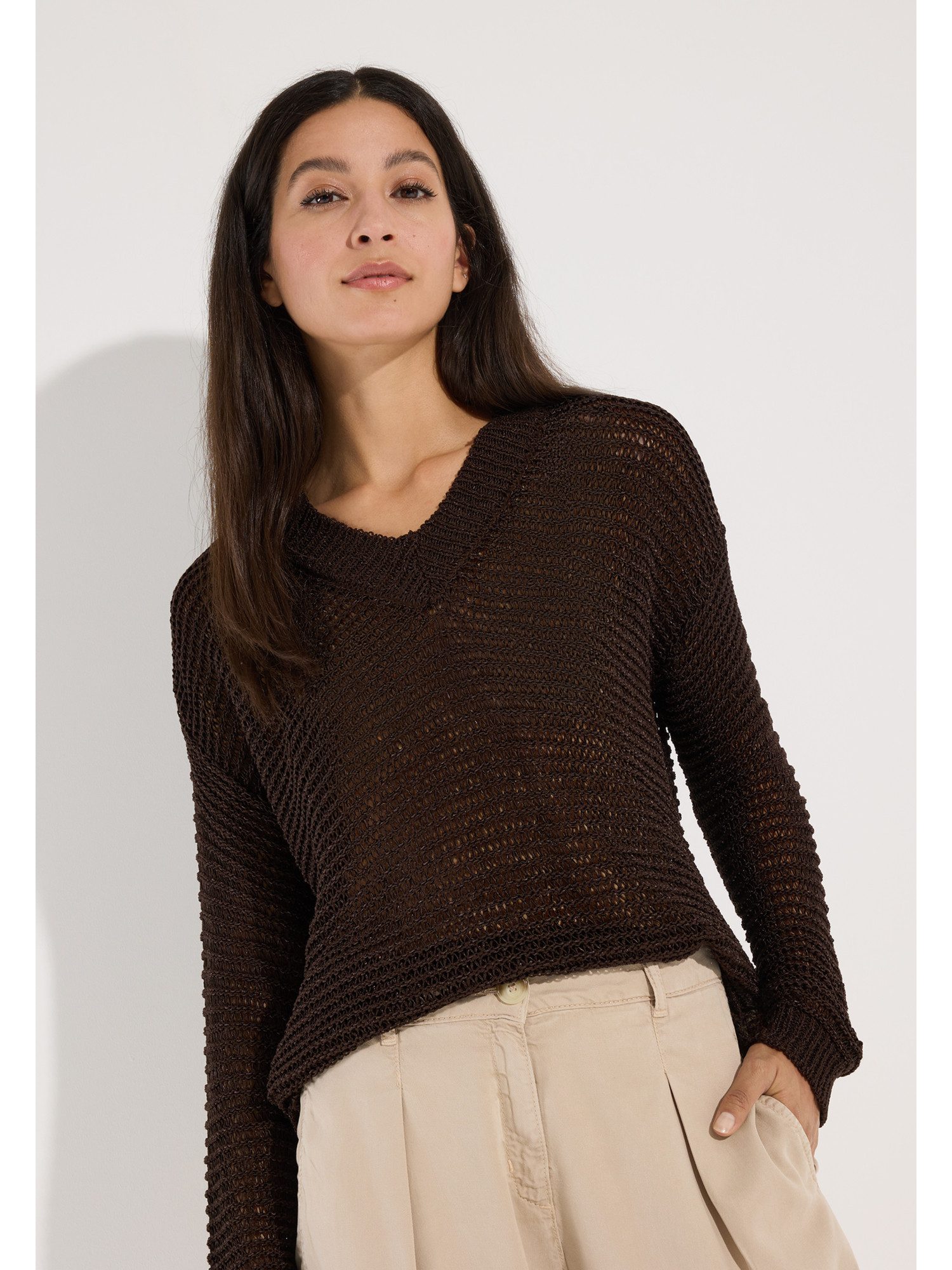 MORE&MORE Rundhalspullover kurzer, transparenter Ajourpullover