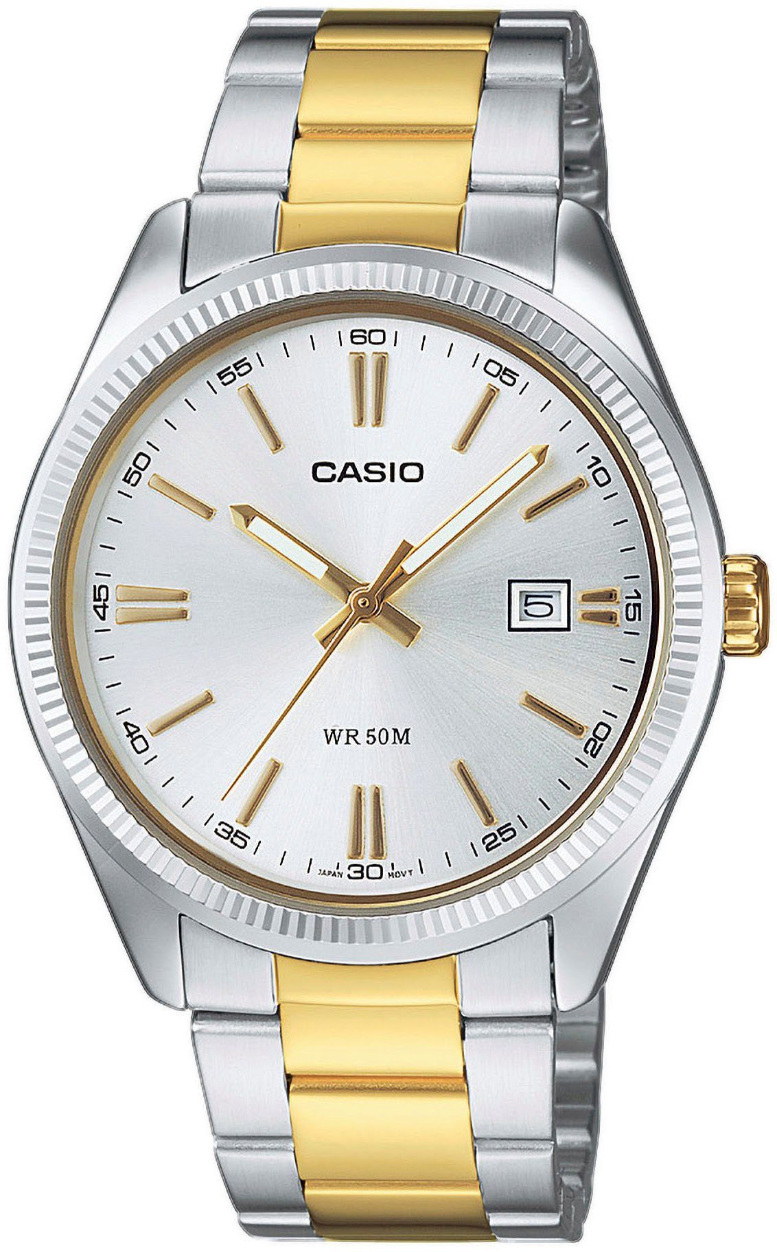 CASIO TIMELESS COLLECTION Quarzuhr MTP-1302PSG-7AVEF, Armbanduhr, Herrenuhr, Damenuhr, Datum, Edelstahlarmband, Neo-Display