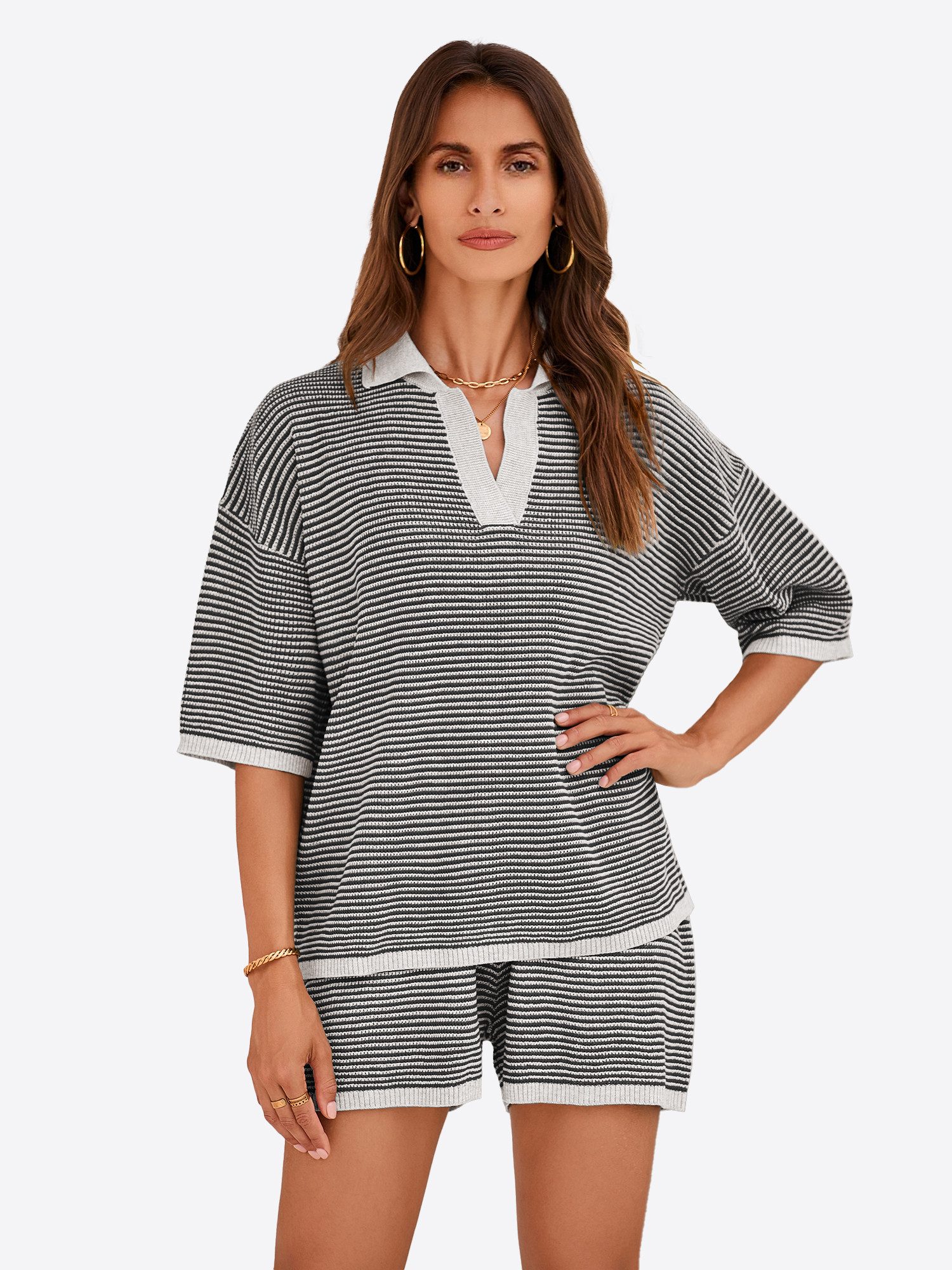 Imily Bela Hausanzug Damen 2-teiliges Pullover-Set (set, 2 tlg., Stricktops mit 3/4-Ärmeln +Shorts mit hohem Bund) V-Ausschnitt