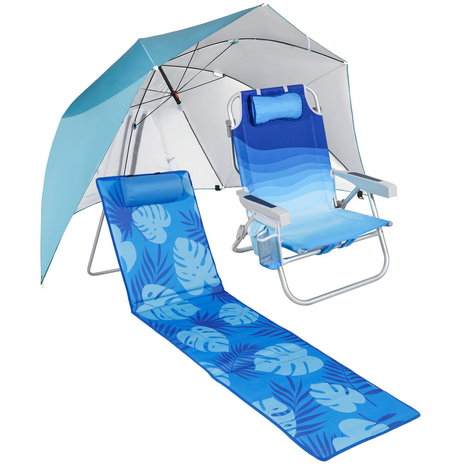HOMECALL Strandmuschel sonnenschirm strand&strandstuhl klappbar leicht&Strandmatte Strand Set, Personen: 2 (mit umbrella system UV-resistentes 50+ Khaki für 2-3 Personen, große Kühltasche und Aufbewahrungstasche)