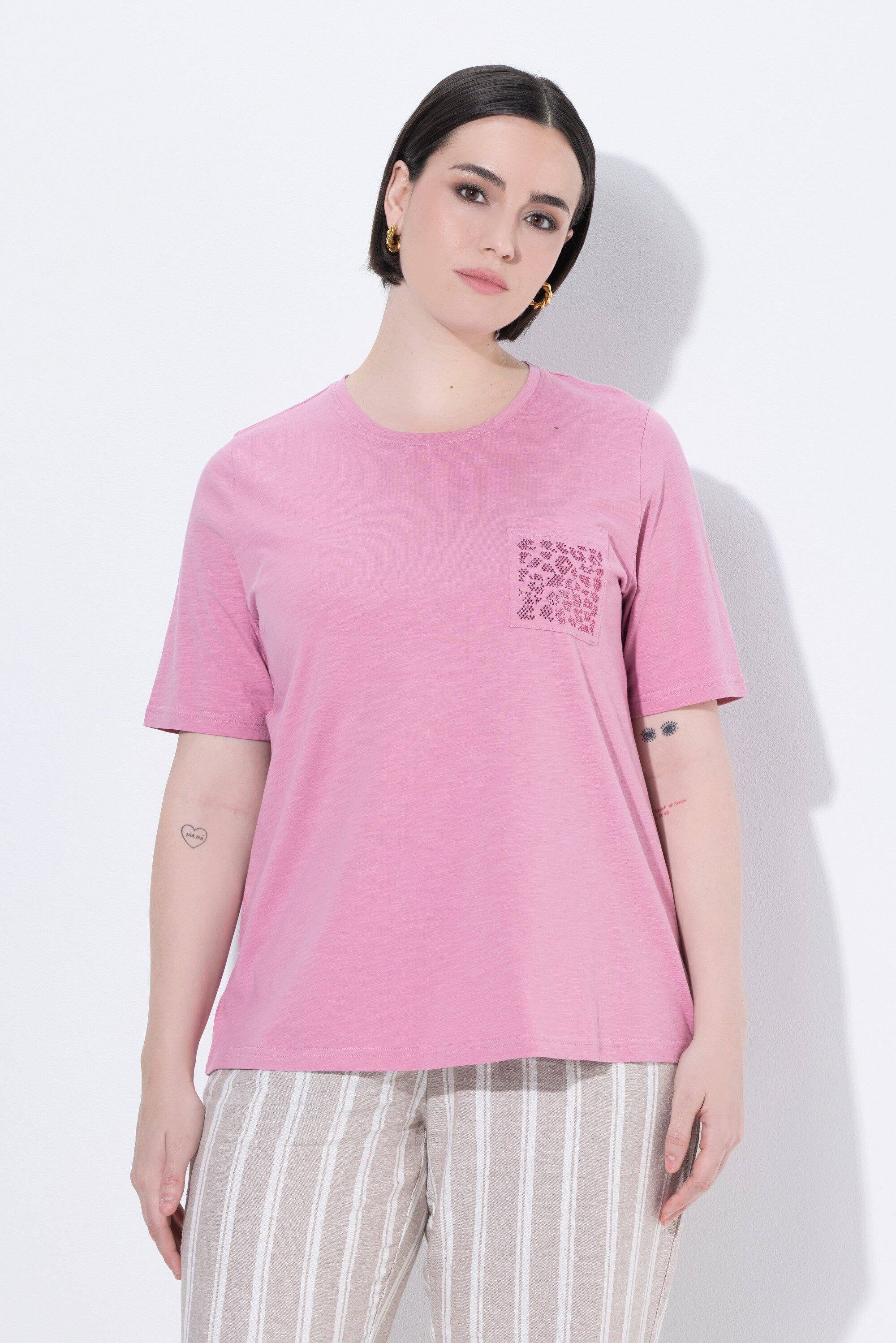 T-Shirt T-Shirt Ziersteine Brusttasche Rundhals Halbarm