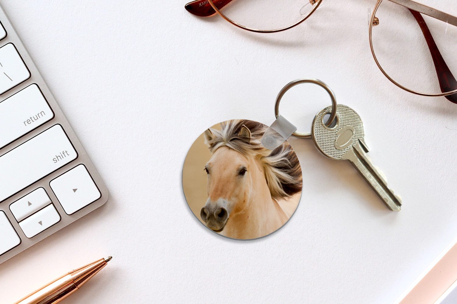 MuchoWow Schlüsselanhänger Pferde - Tiere - Mähne - Porträt, Rund, Geschenk für Damen / Herren / Kinder mit Schlüsselring, 5x5 cm