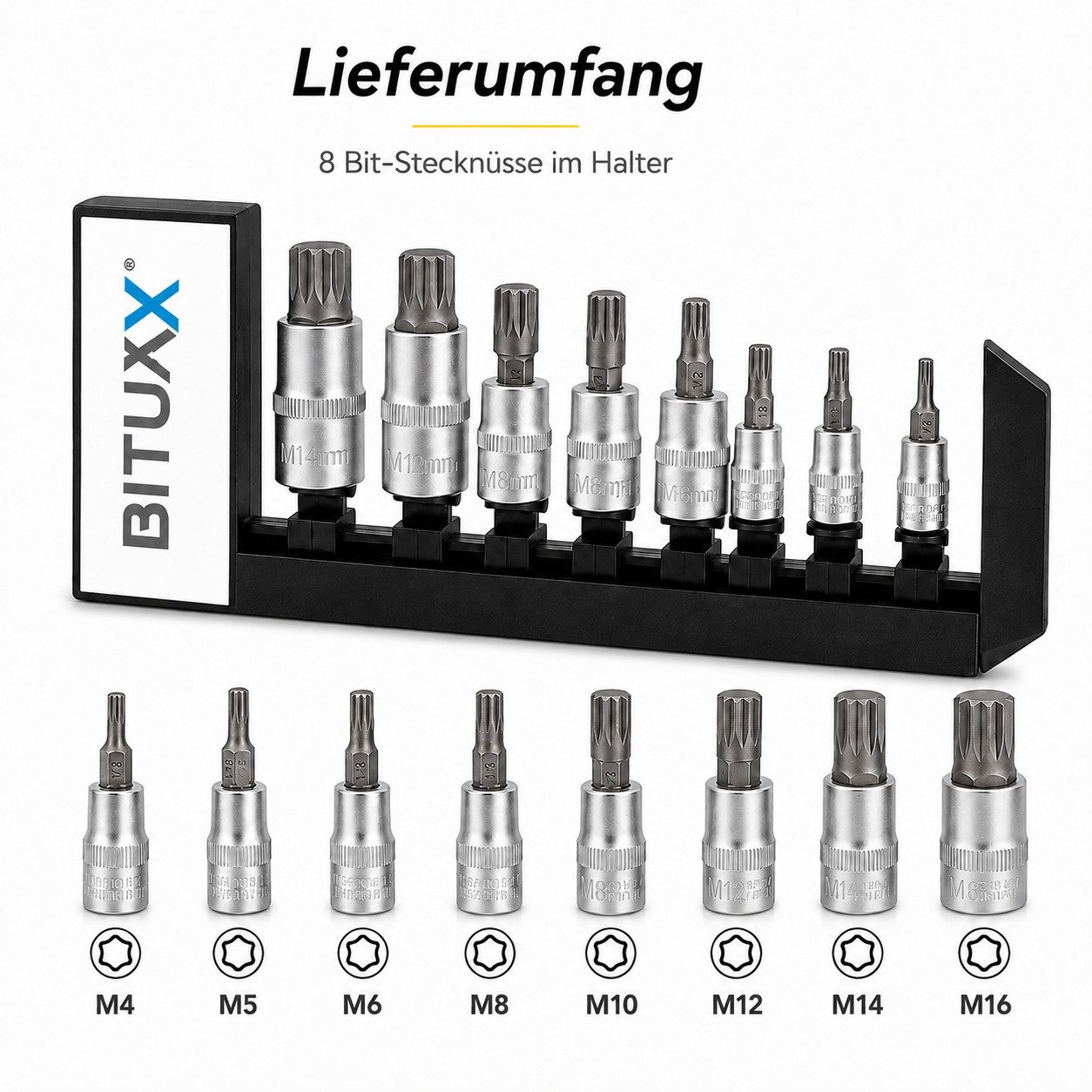 Bituxx Bit- und Steckschlüsselset Set 8 tlg. Vielzahn Nuss, Set, 8-St., MS-13387, mit Kuststoffhalter – Bild 5 von 5