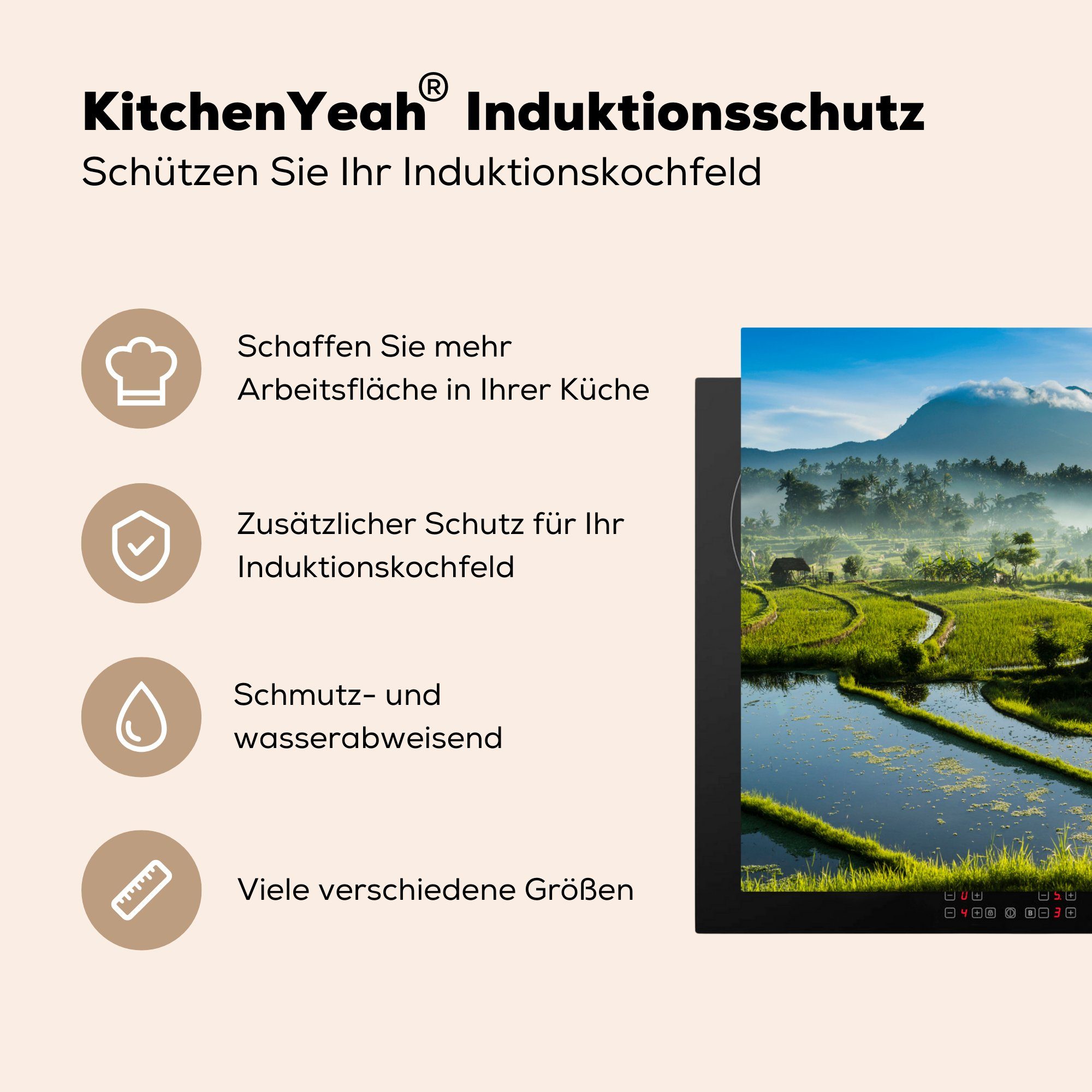 Reis küche (1 für Ceranfeldabdeckung, - cm, 78x78 MuchoWow Vinyl, - Nebel, tlg), Arbeitsplatte Indonesien Herdblende-/Abdeckplatte