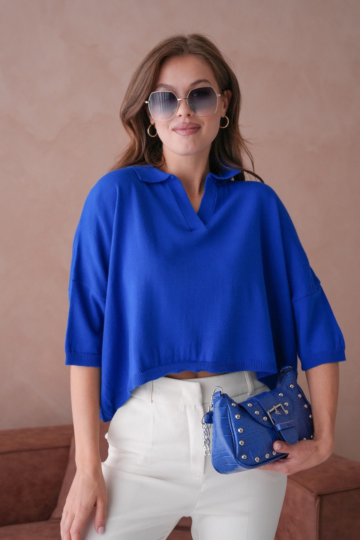 WOMAN VISION Blusentop Oversize-Crop-Damenbluse mit Polokragen