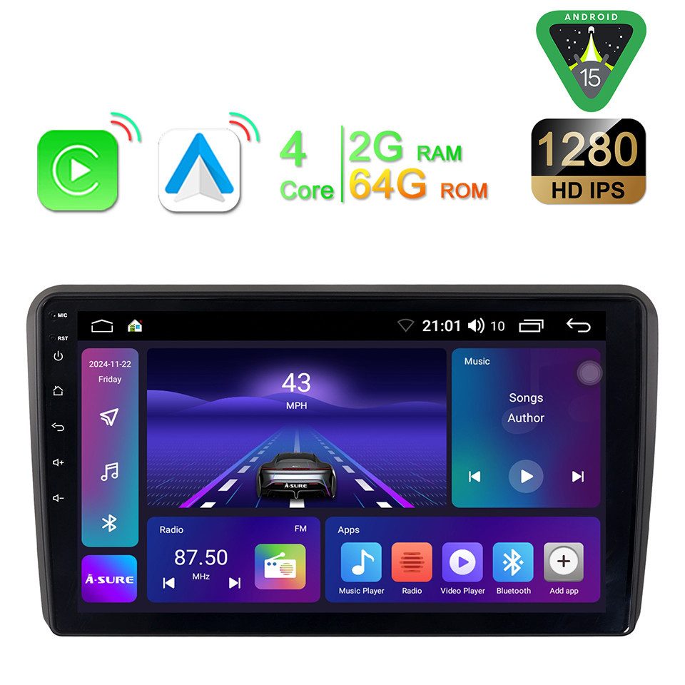 A-Sure 4-Core 8-Core Android 15 Carplay GPS Für AUDI A3 8P 2003-2012 Autoradio (Digitalradio (DAB), USB, FM, 2+64GB, AM)
