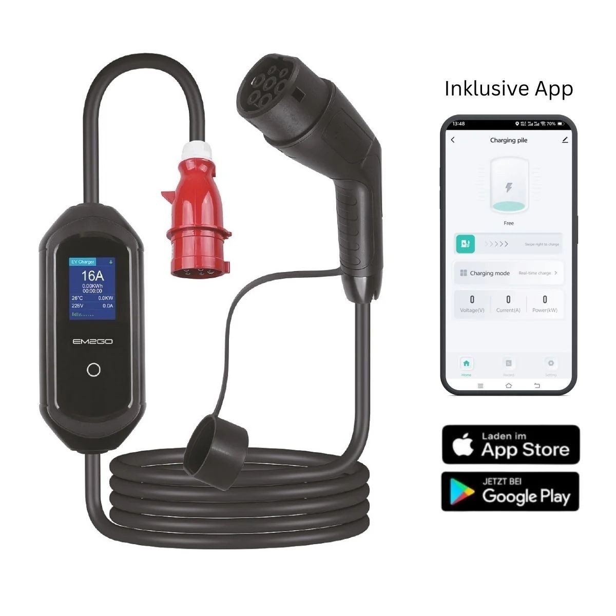 EM2GO Elektroauto-Ladestation Mobiles EV Ladegerät 11 kW Typ 2 - E-Auto flexibel aufladene - EM2GO, Mobiles Ladegerät 11kW / 16A, 3, Einzelgerät