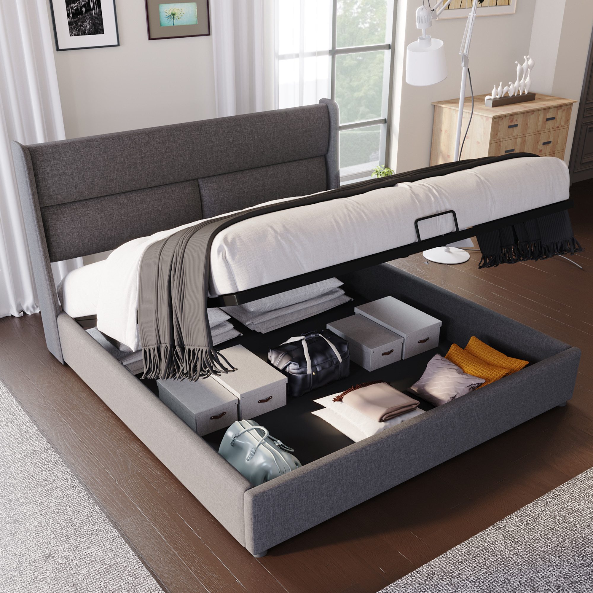 TavilaEcon Boxspringbett Polsterbett mit verstellbarem Kopfteil und Bettkasten, Grau, aus Leinenmaterial mit Lattenrost, 160x200cm